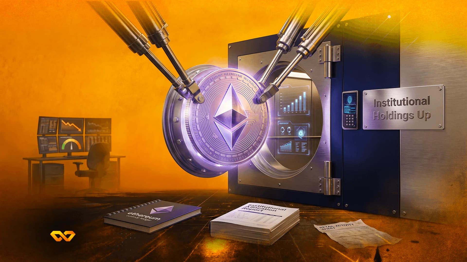 Robotic arms placing a large Ethereum coin into a high-tech vault with institutional reports on the floor.