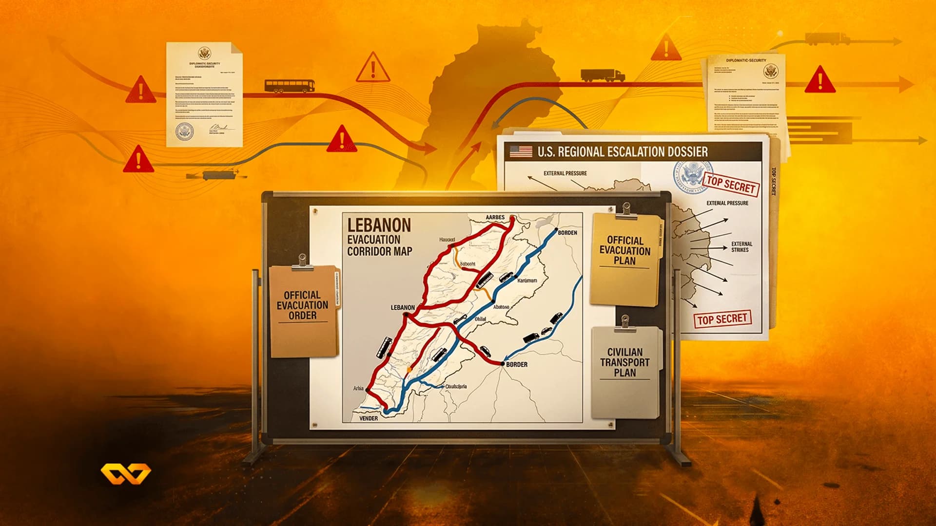 Lebanon evacuation corridor map on a bulletin board with US government dossiers and warning icons.