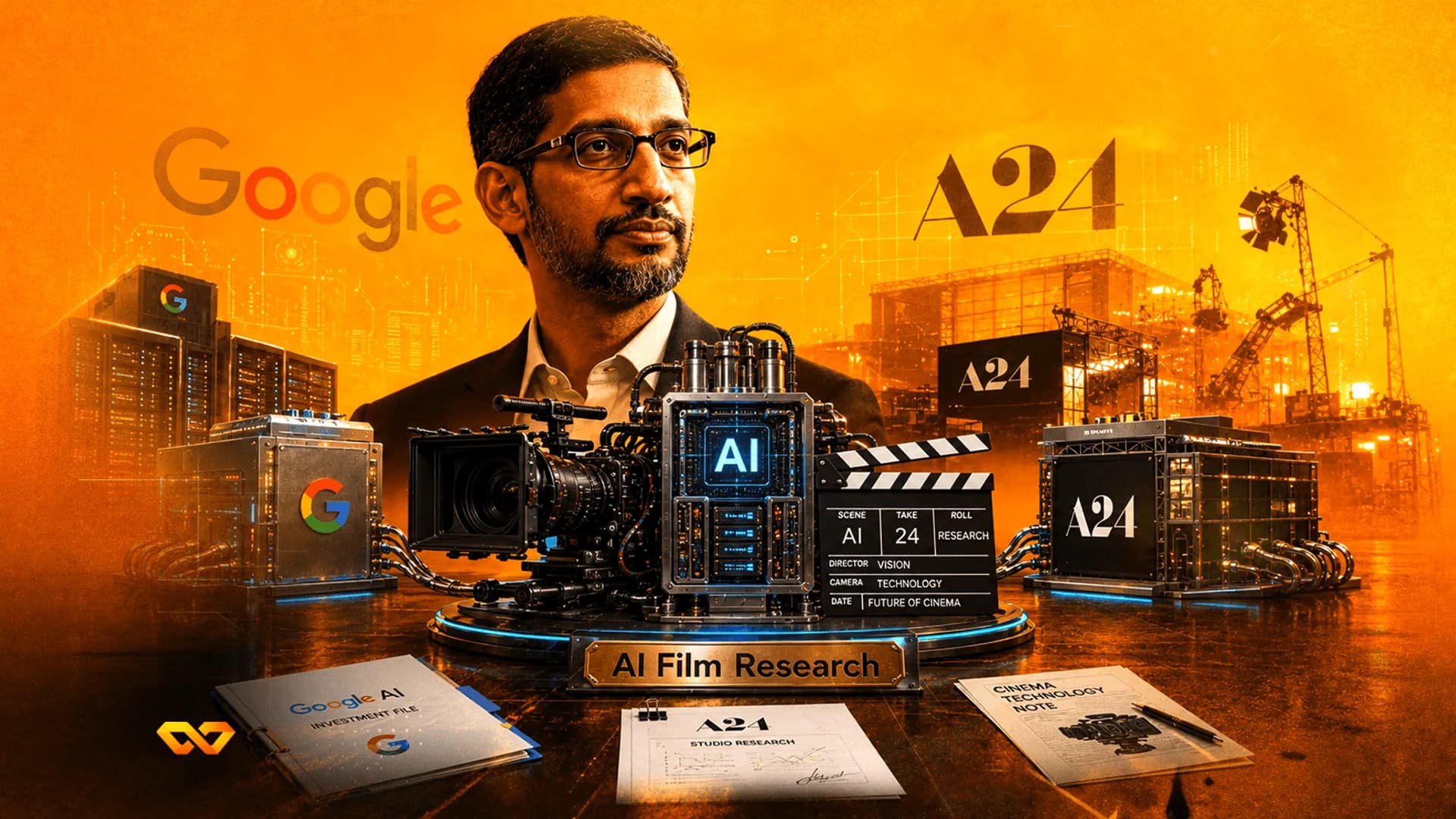 Digital illustration of Sundar Pichai with Google and A24 logos, a futuristic AI camera, and film research documents.