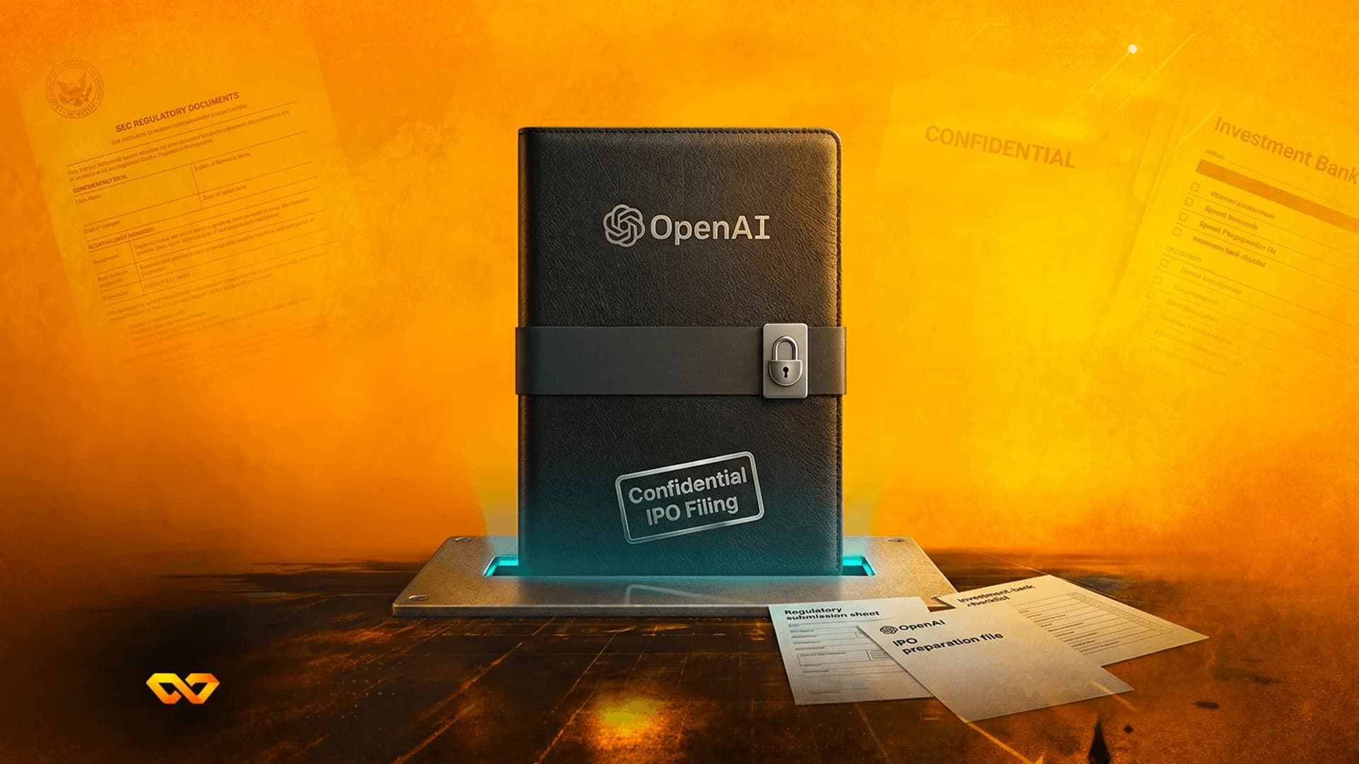 A black notebook with the OpenAI logo and a padlock, labeled 'Confidential IPO Filing,' surrounded by documents.