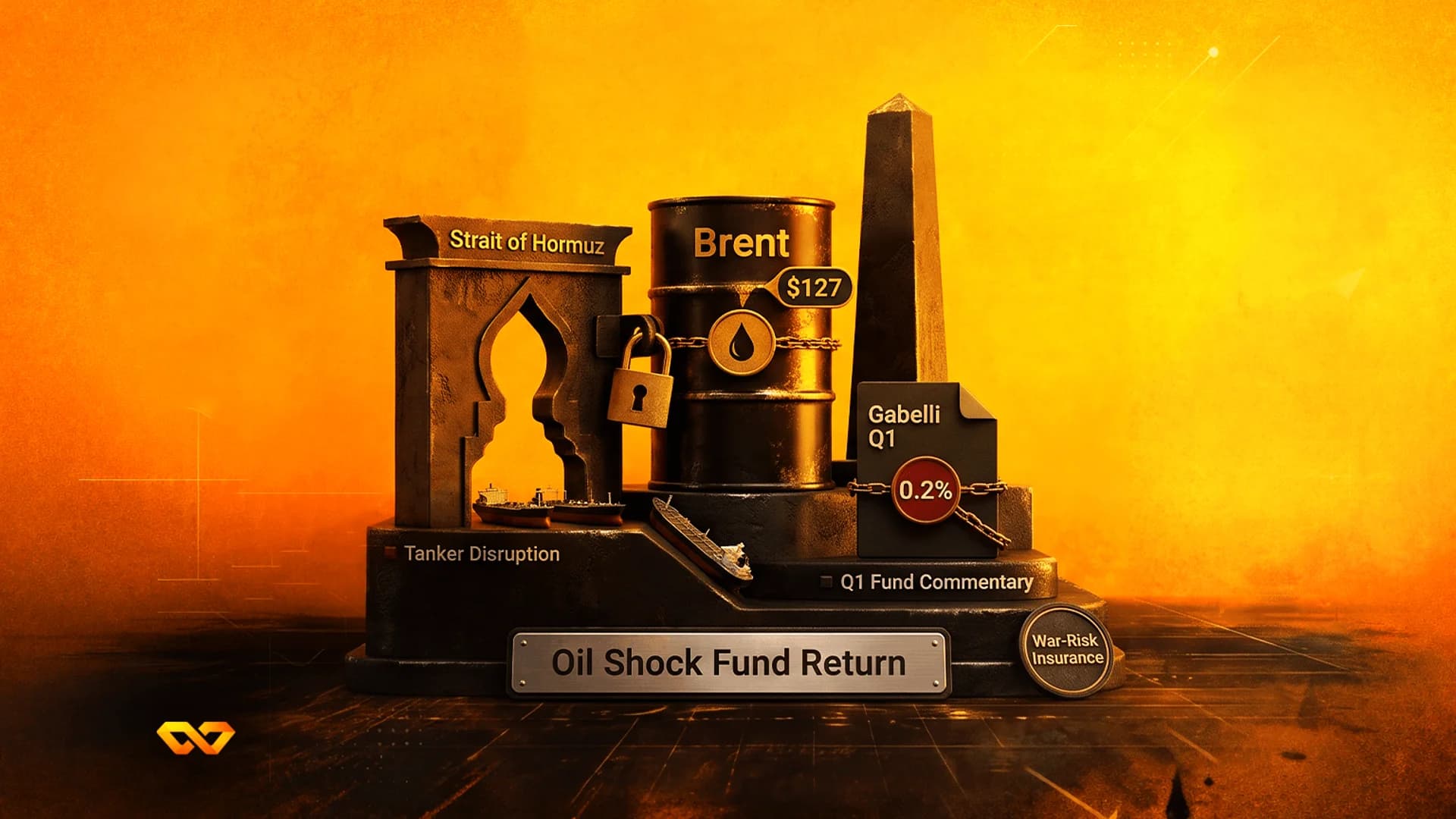 3D render of a Brent oil barrel, a stone archway labeled Strait of Hormuz, and a plaque for Oil Shock Fund Return.