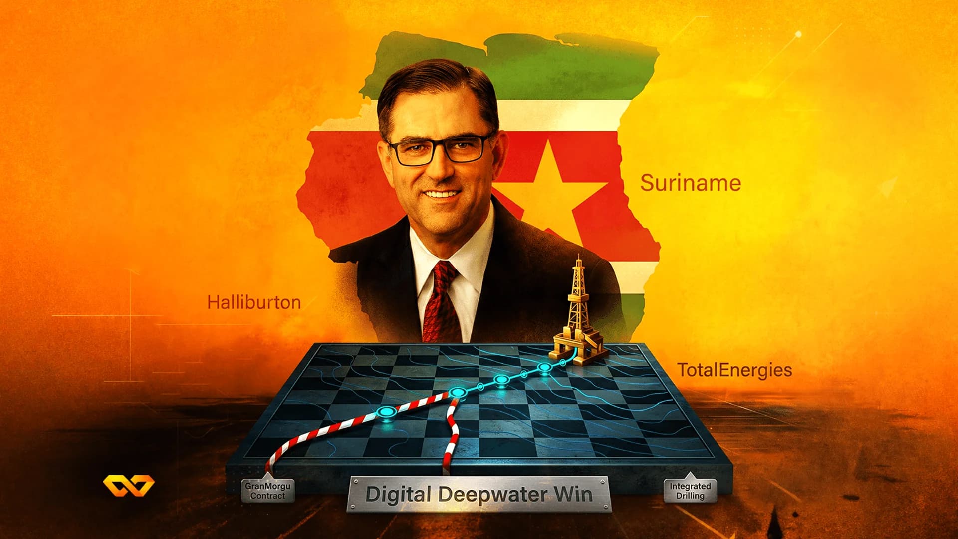 Digital illustration of a man in a suit over a Suriname map and flag, with an oil rig on a chessboard.