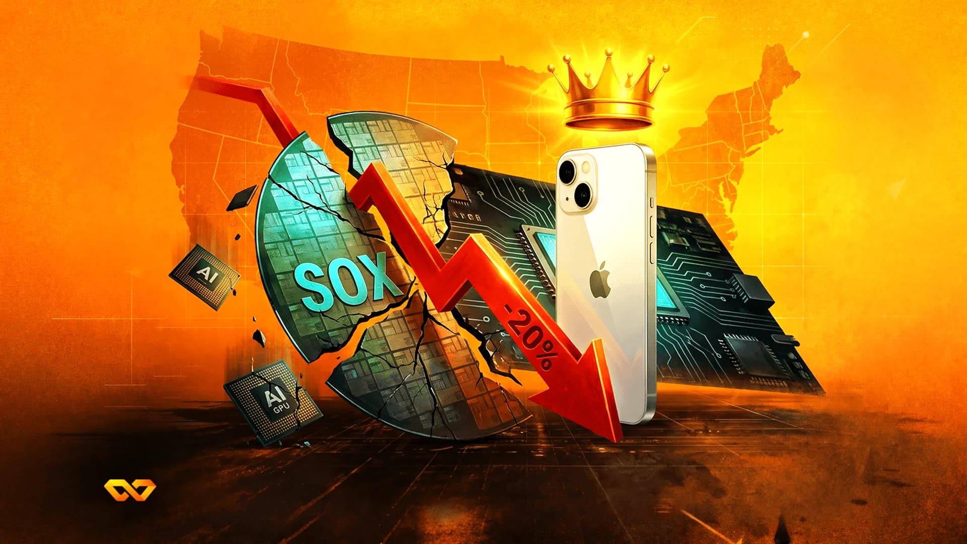 هاتف آيفون يعلوه تاج بجانب شعار SOX محطم وسهم أحمر هابط يشير إلى -20% على خلفية برتقالية.