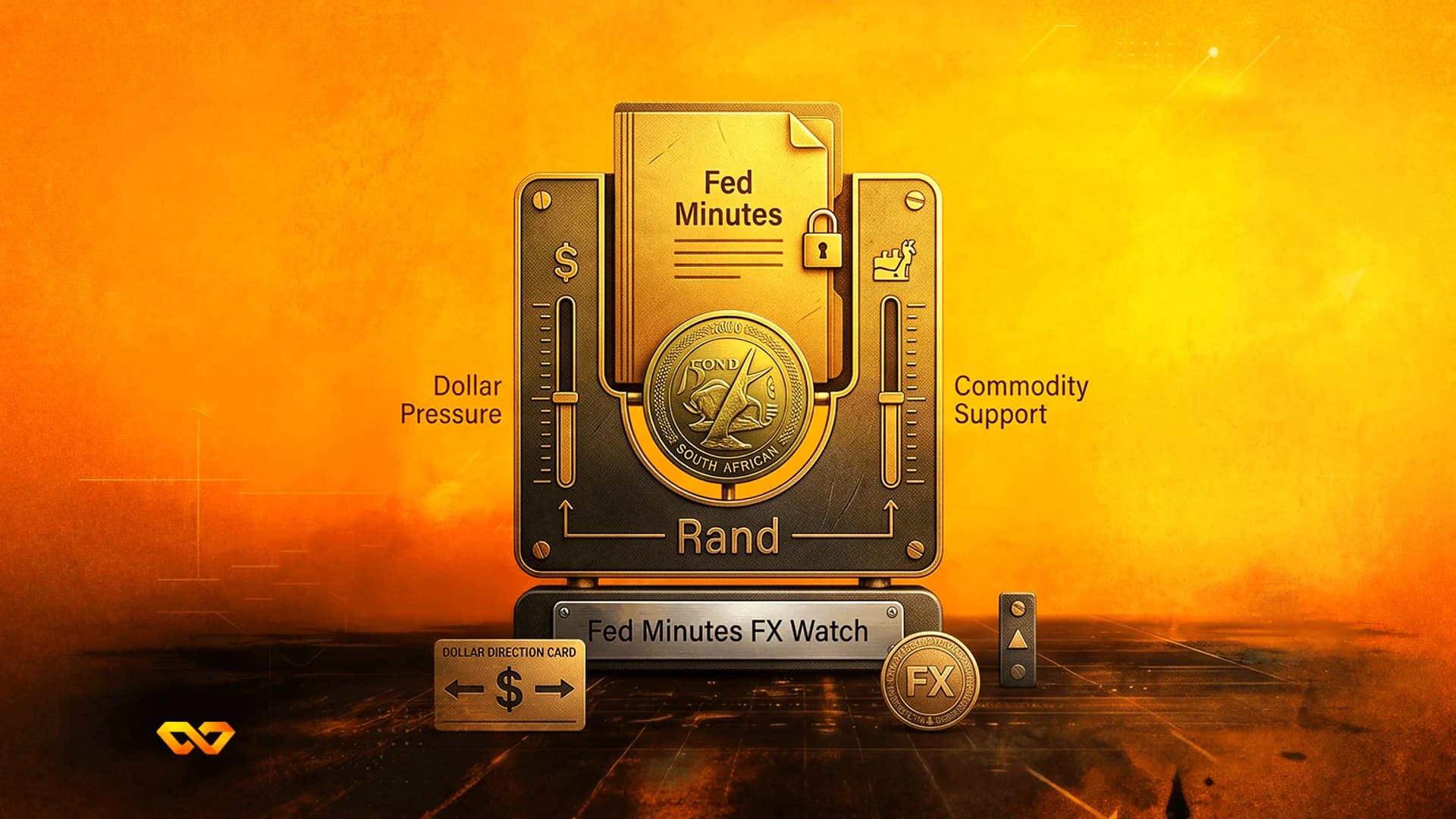 Metallic apparatus with a South African Rand coin and 'Fed Minutes' text on a textured orange background.