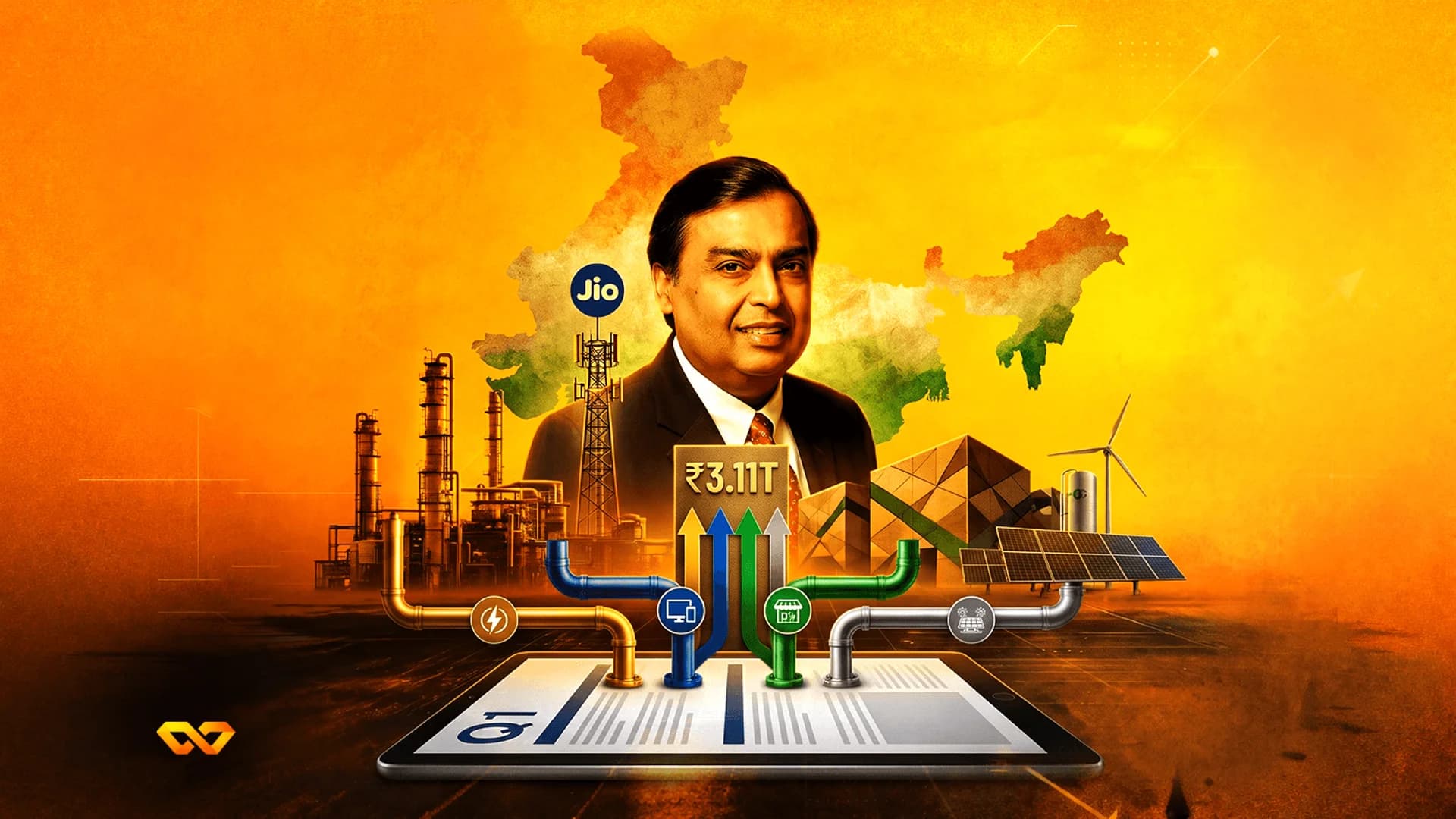 Mukesh Ambani portrait over a map of India with industrial icons, solar panels, and a tablet showing Q1 earnings.