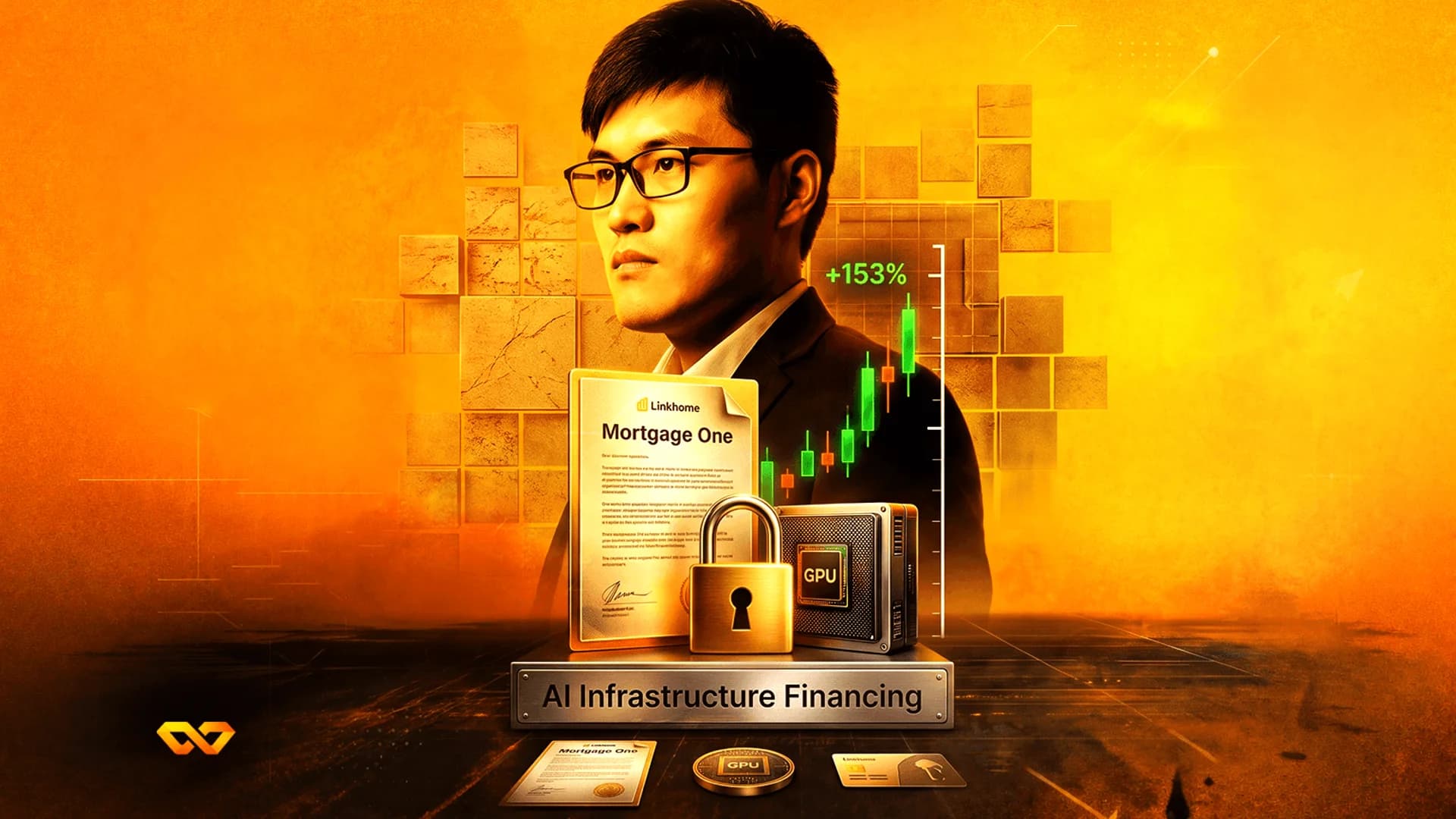 Man in glasses with a mortgage document, a gold padlock, a GPU, and a rising chart on an orange background.