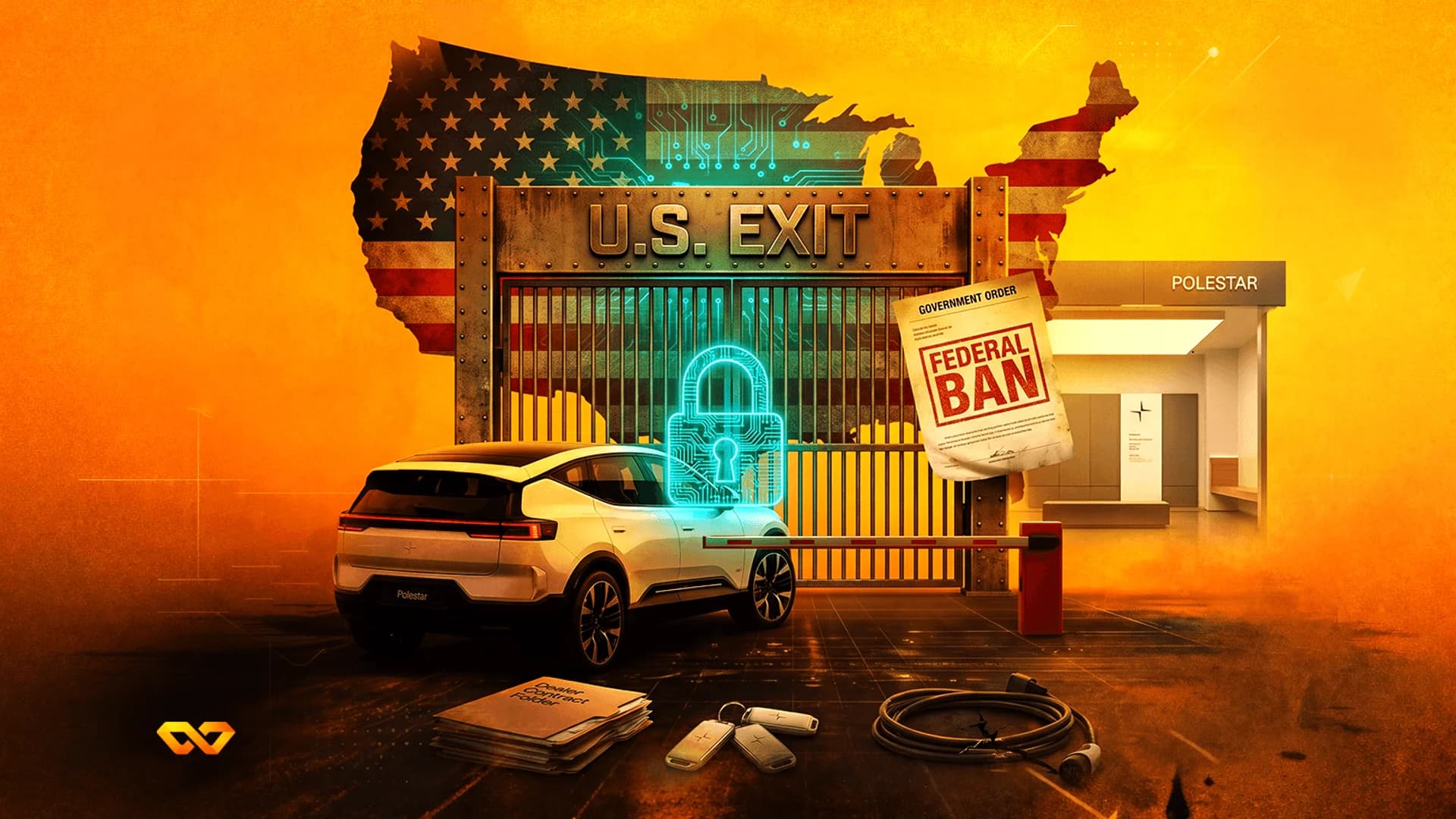 A white electric car sits before a metal gate marked U.S. EXIT, a Federal Ban sign, and a US map with circuit patterns.