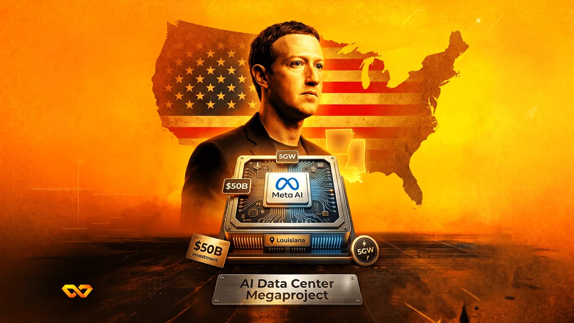كولاج رقمي لمارك زوكربيرج، ومعالج Meta AI، وخريطة بعلم الولايات المتحدة على خلفية برتقالية.