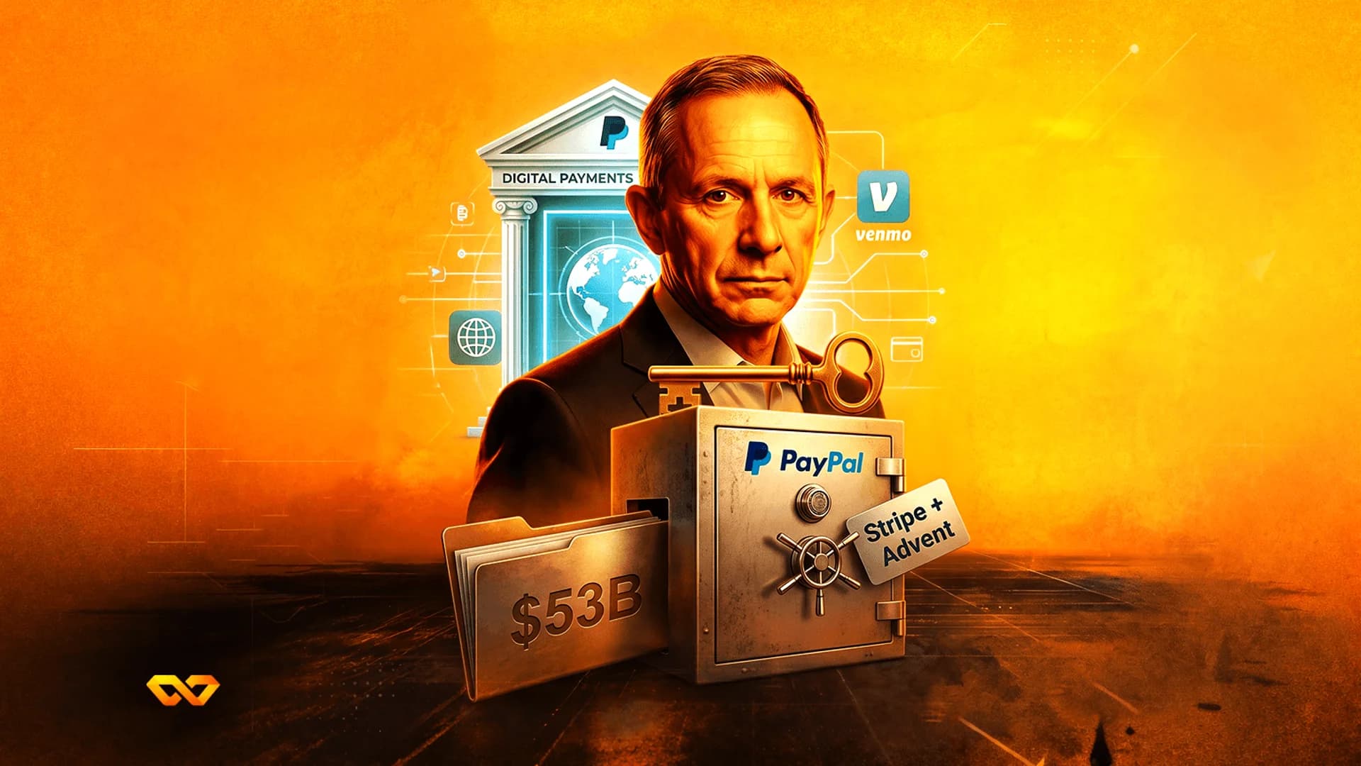Portrait of a man behind a PayPal safe, a $53B folder, and a Stripe + Advent tag on an orange background.