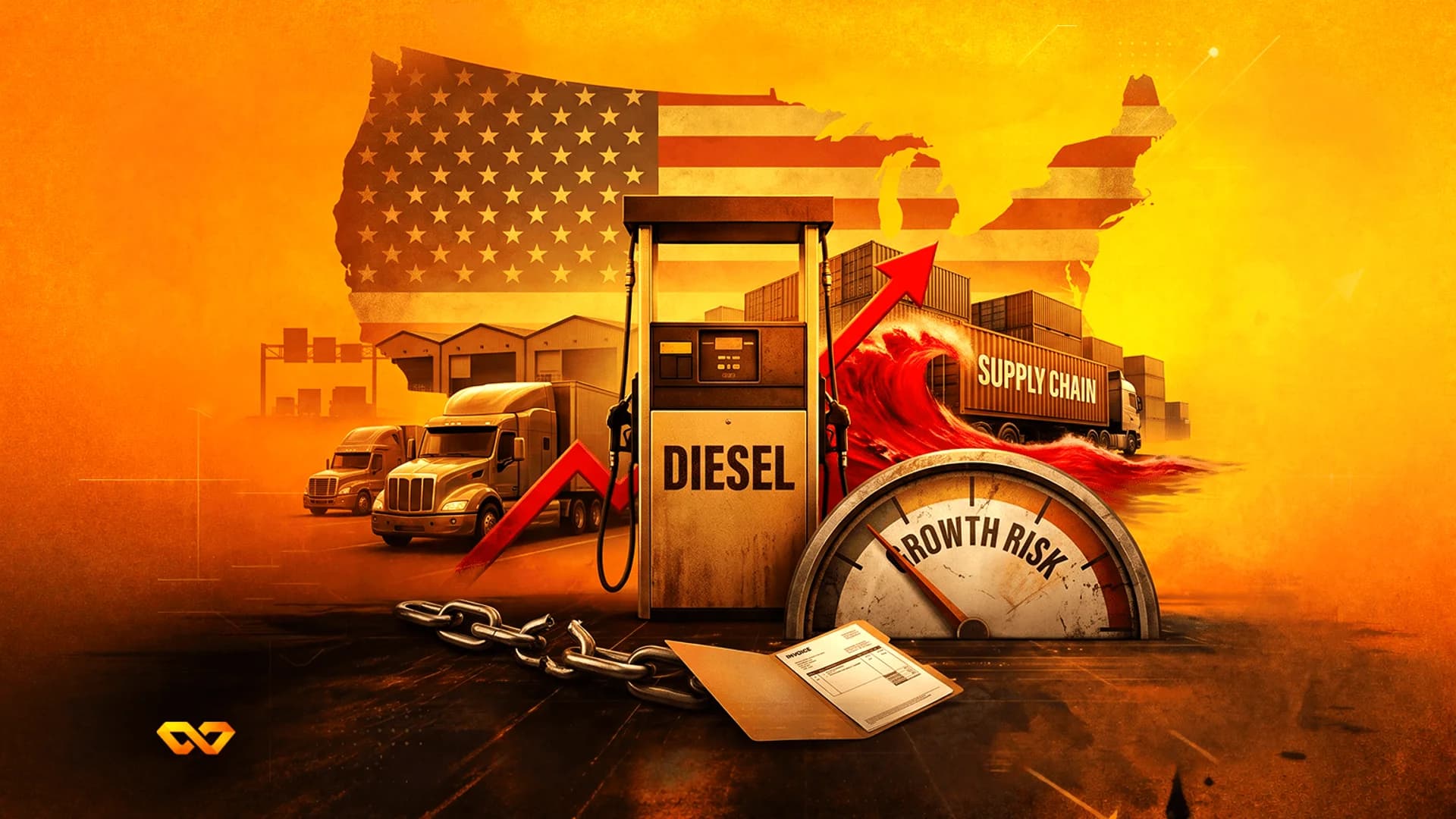 Illustration of a diesel pump, semi-trucks, and a growth risk gauge against a US flag map background.