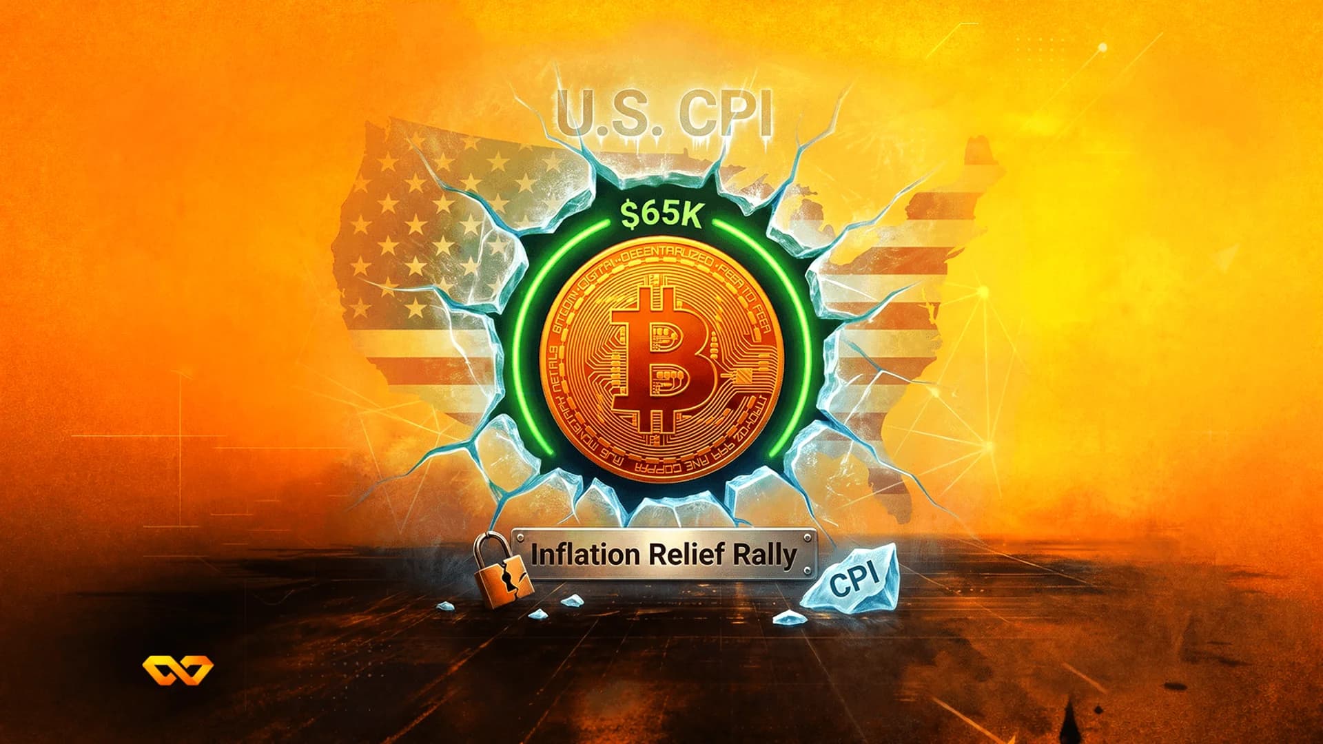 شعار بيتكوين يخترق خريطة الولايات المتحدة بنمط العلم الأمريكي، مع تسميات U.S. CPI و$65K.