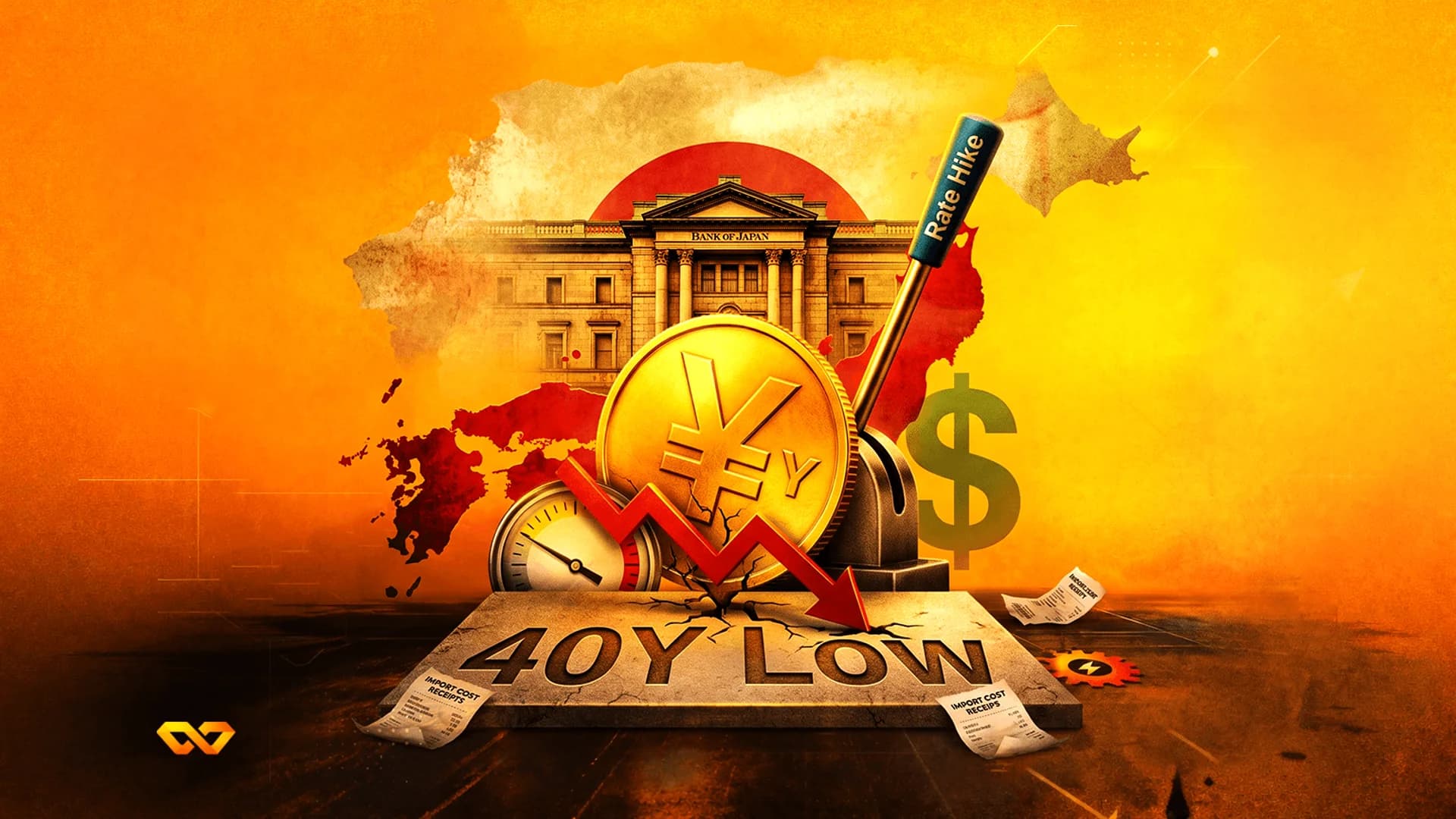 Gold Yen coin behind a red arrow pointing at a stone slab reading '40Y LOW' with Bank of Japan in background.