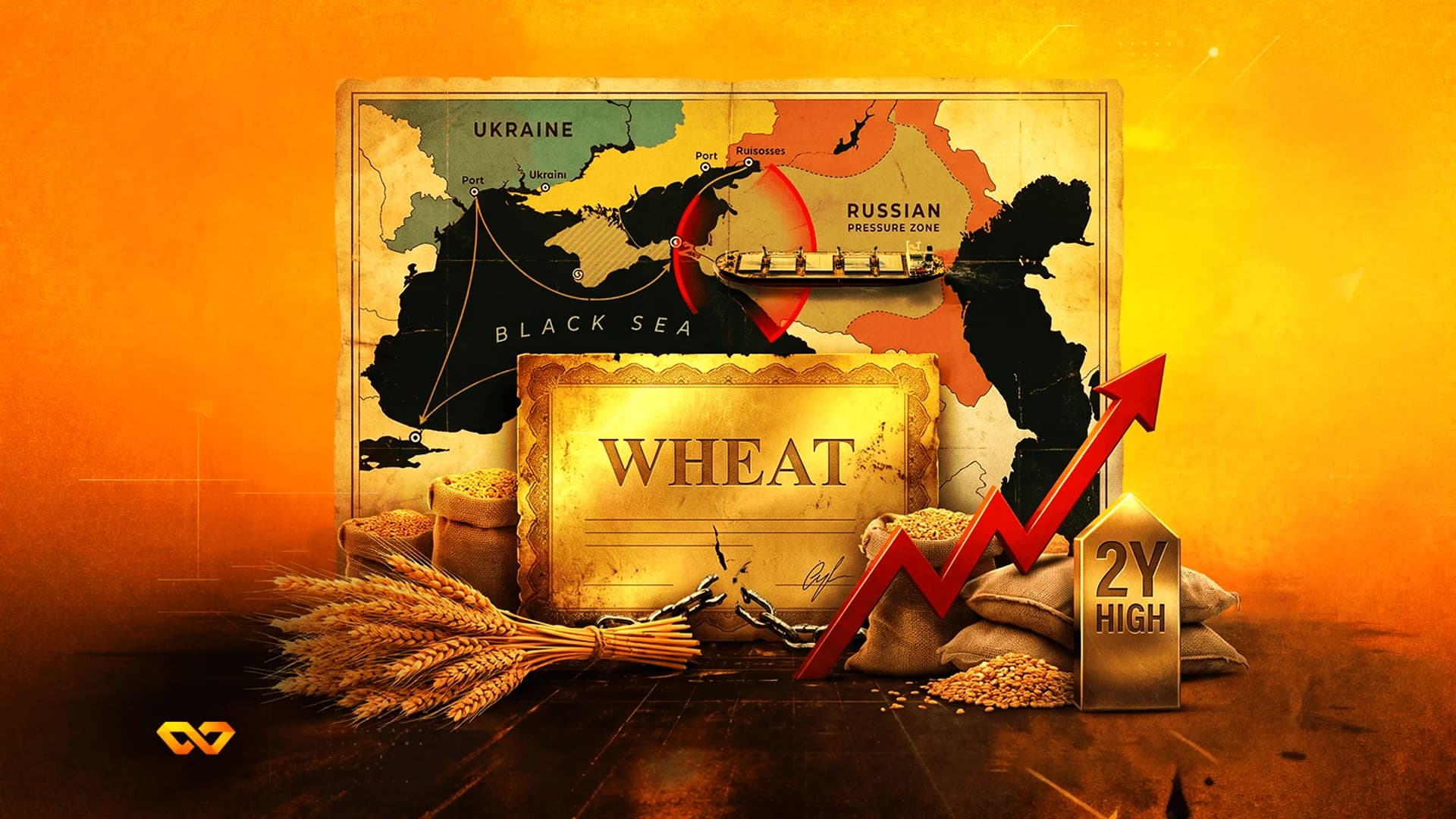 Illustration of wheat stalks, grain sacks, a map of the Black Sea, and a red rising arrow against an orange background.