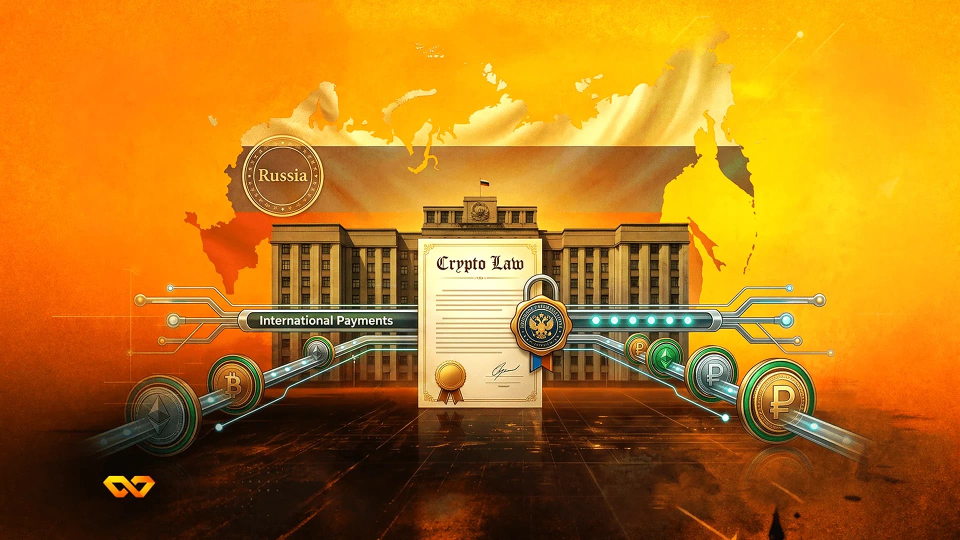 Digital art of a 'Crypto Law' document, Russian government building, map of Russia, and various cryptocurrency coins.