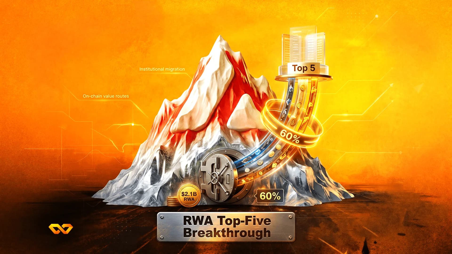 Digital illustration of a mountain with a vault door and a stream of crypto coins rising to a Top 5 platform.