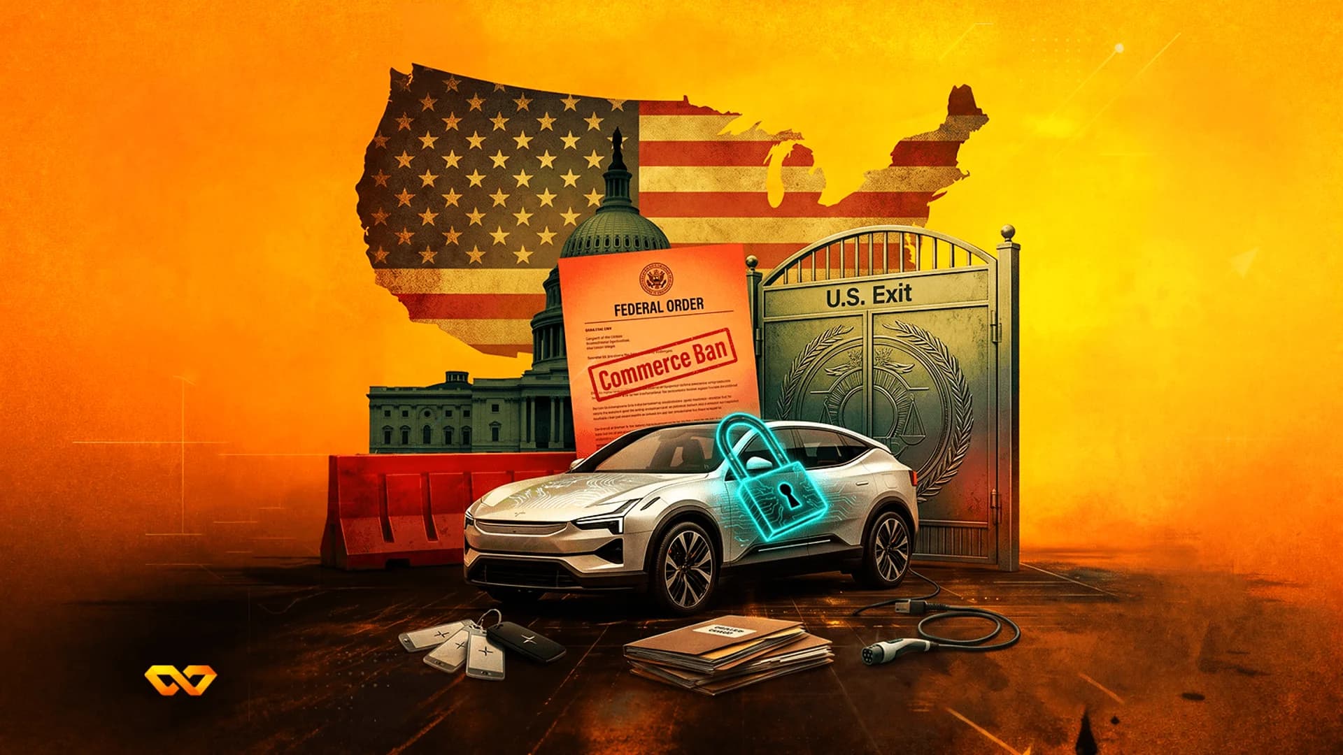 White electric car with a digital lock icon, set against a US flag map, Capitol building, and a Commerce Ban order.