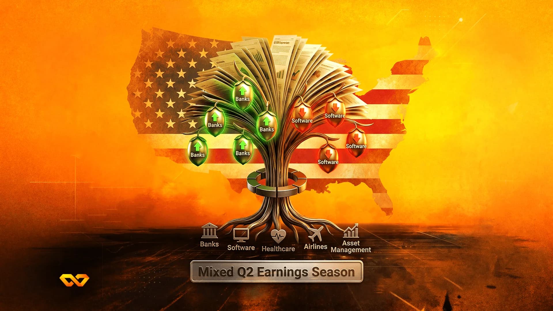 Digital illustration of a tree with document leaves and sector icons over a US flag map background.
