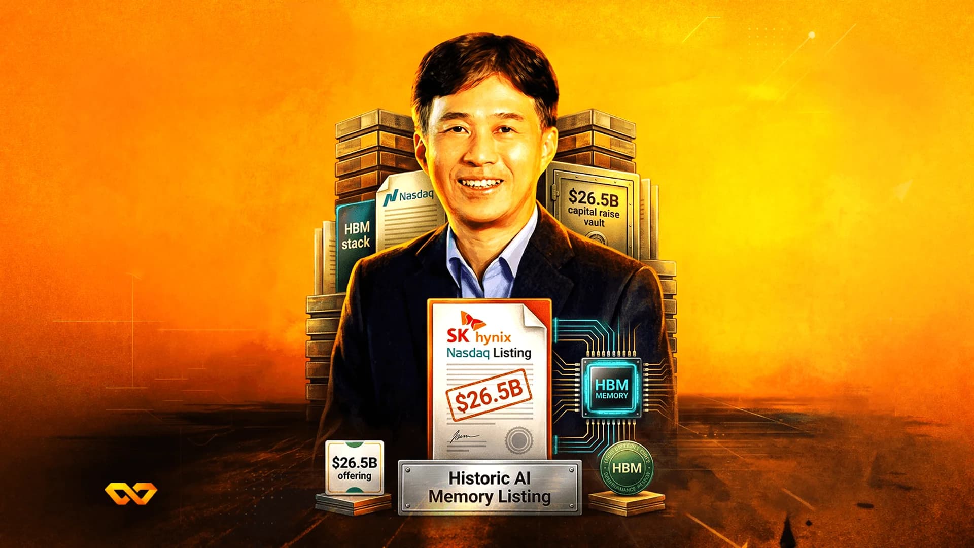 Portrait of a man with SK Hynix Nasdaq listing documents and HBM memory chip on an orange background.