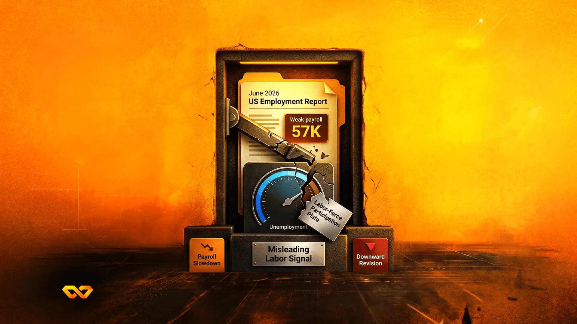Stylized US Employment Report folder with a broken unemployment gauge and 'Weak payroll 57K' text on orange background.