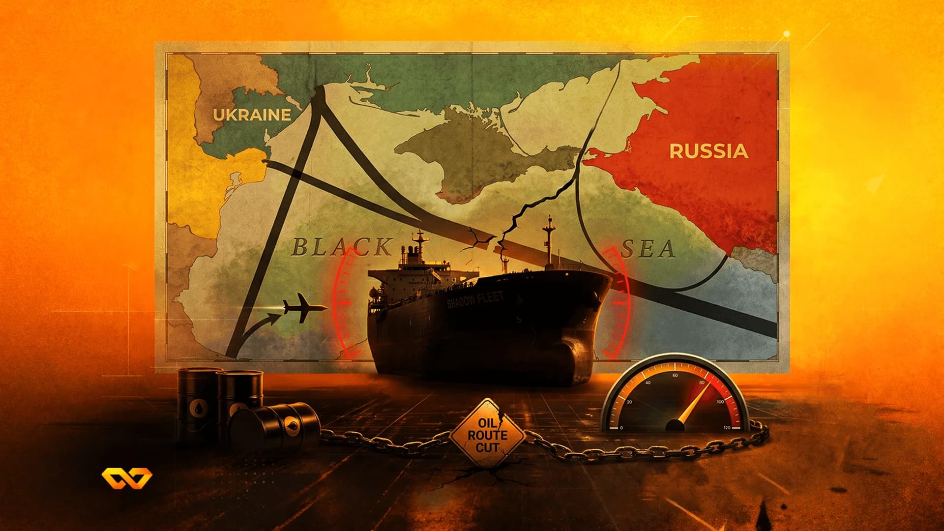 Digital illustration of an oil tanker in the Black Sea between Ukraine and Russia with oil barrels and a gauge.