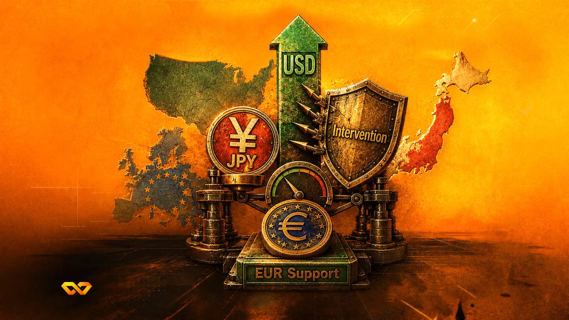 Industrial illustration of USD, JPY, and EUR symbols with an 'Intervention' shield and maps on an orange background.