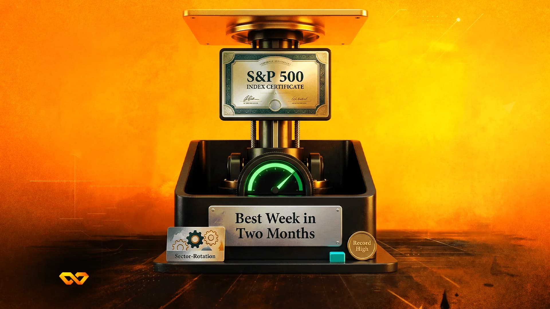 جهاز ميكانيكي يحمل شهادة مؤشر S&P 500، ومقياساً أخضر، ولوحة مكتوب عليها 'أفضل أسبوع في شهرين'.
