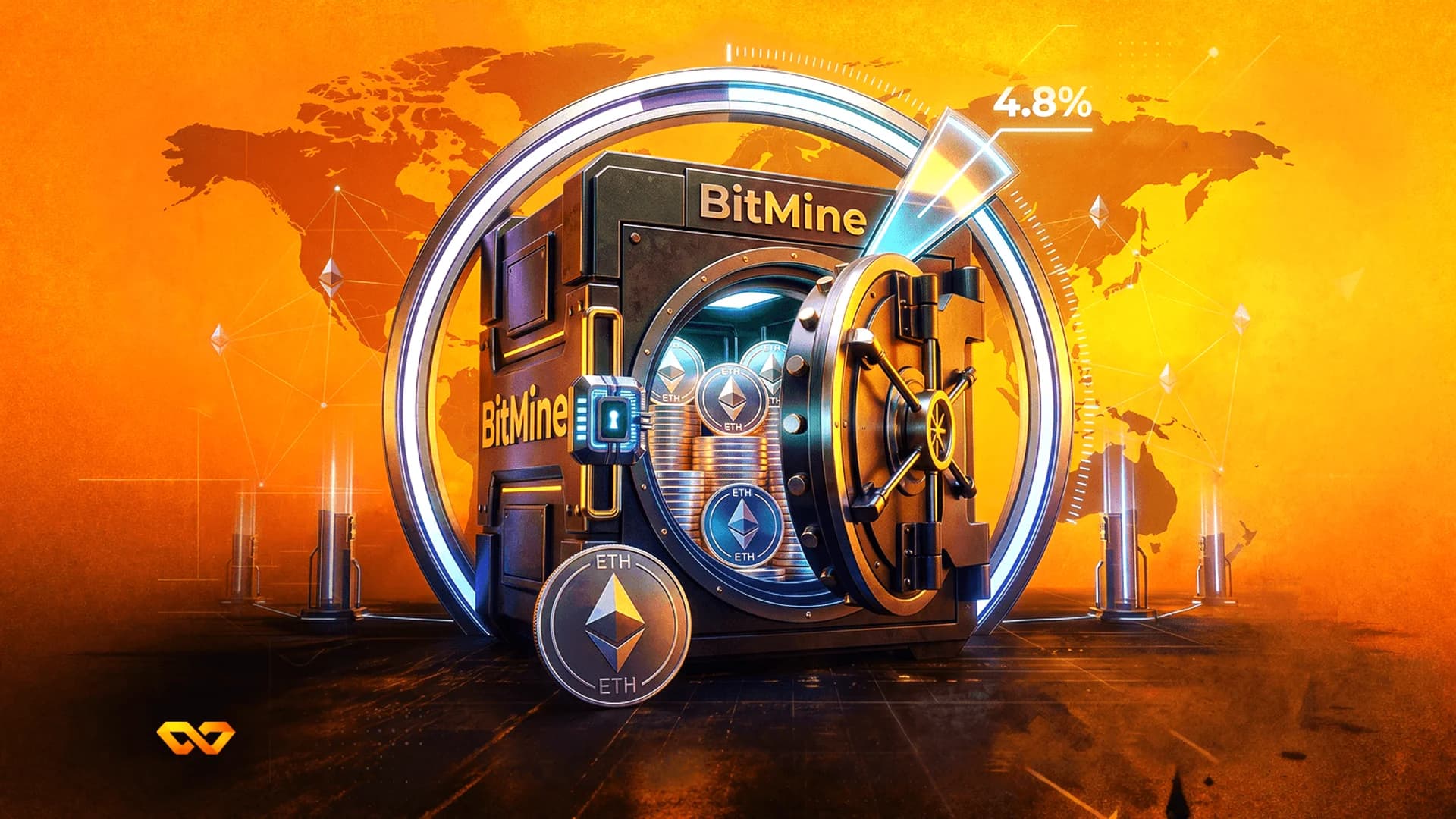 خزنة سوداء تحمل علامة BitMine مليئة بعملات إيثيريوم مقابل خلفية خريطة العالم باللون البرتقالي.