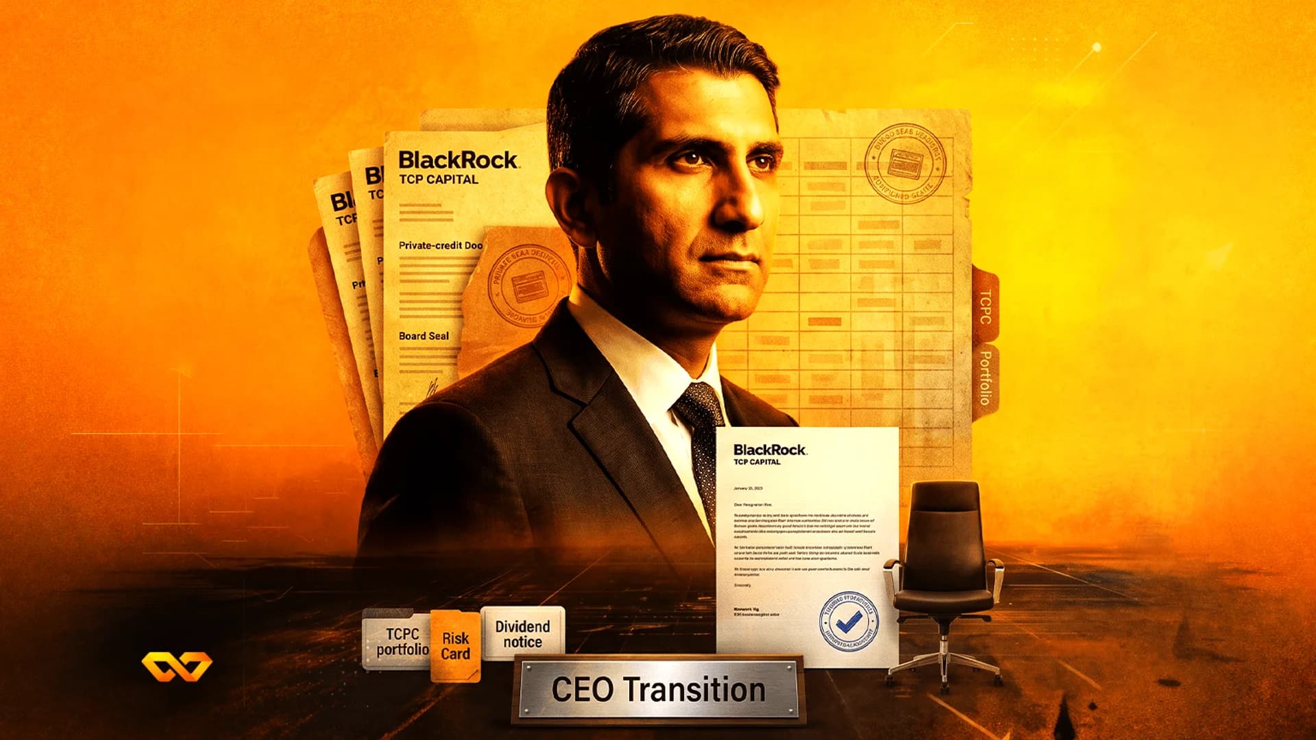 Portrait of a man in a suit against an orange background with BlackRock TCP Capital documents and an empty office chair.