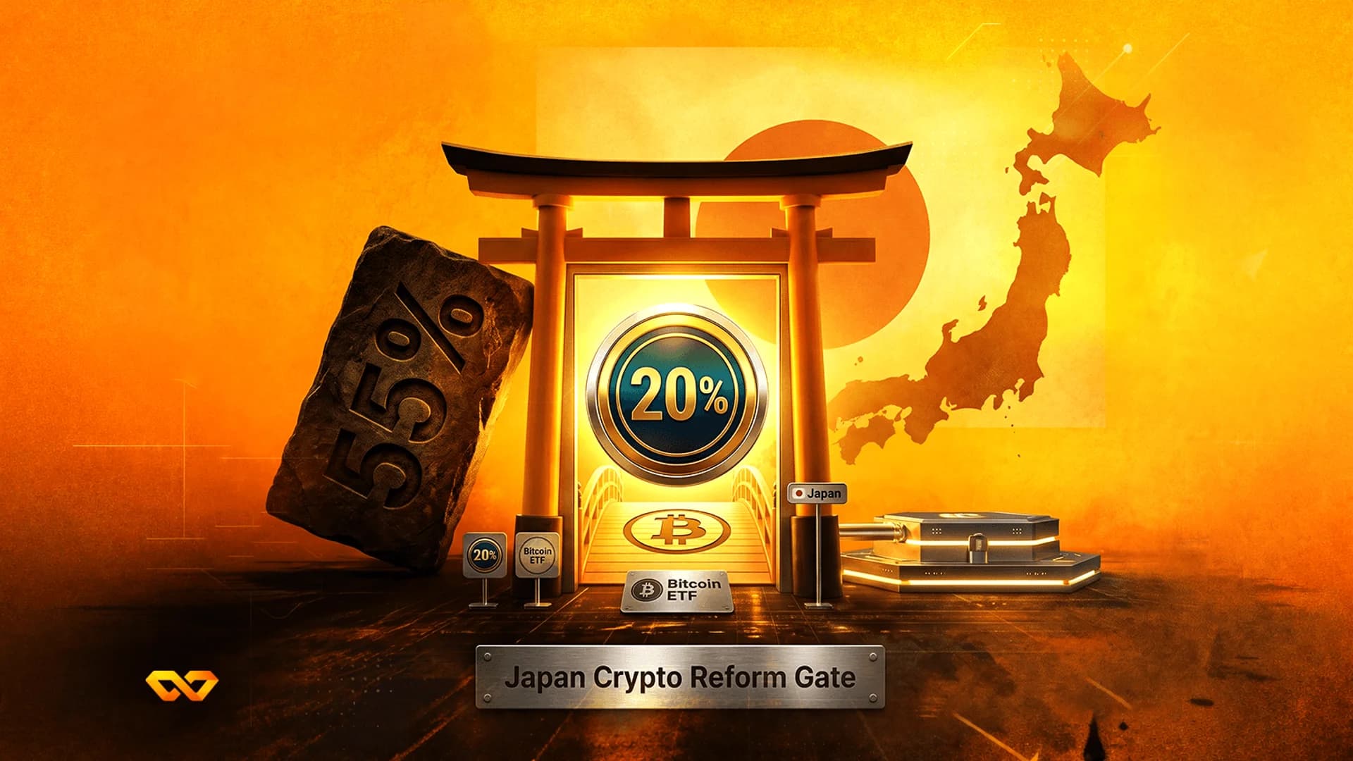 بوابة توري يابانية تؤطر عملة بنسبة 20%، مع صخرة عليها 55% وخريطة لليابان في رسم توضيحي برتقالي.