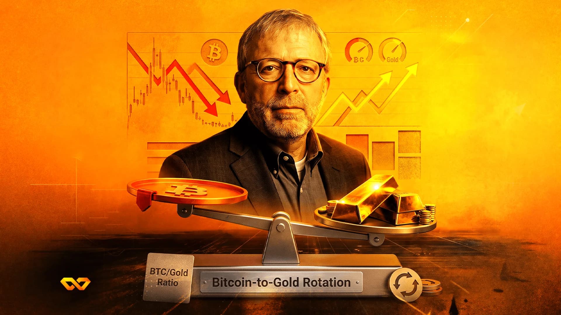 Portrait of a man behind a scale balancing a Bitcoin coin against gold bars on an orange background with charts.