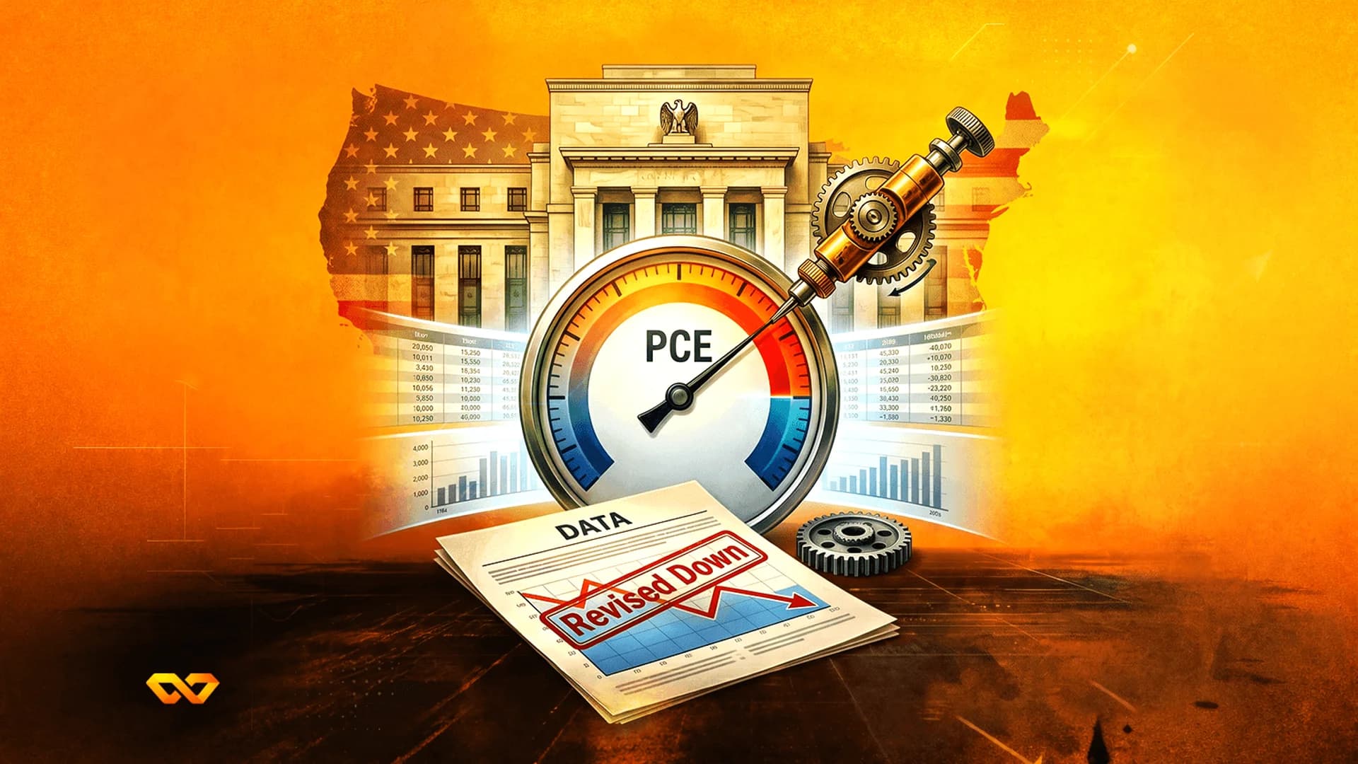 PCE gauge in front of the Federal Reserve building and US flag, with a document stamped 'Revised Down' below.