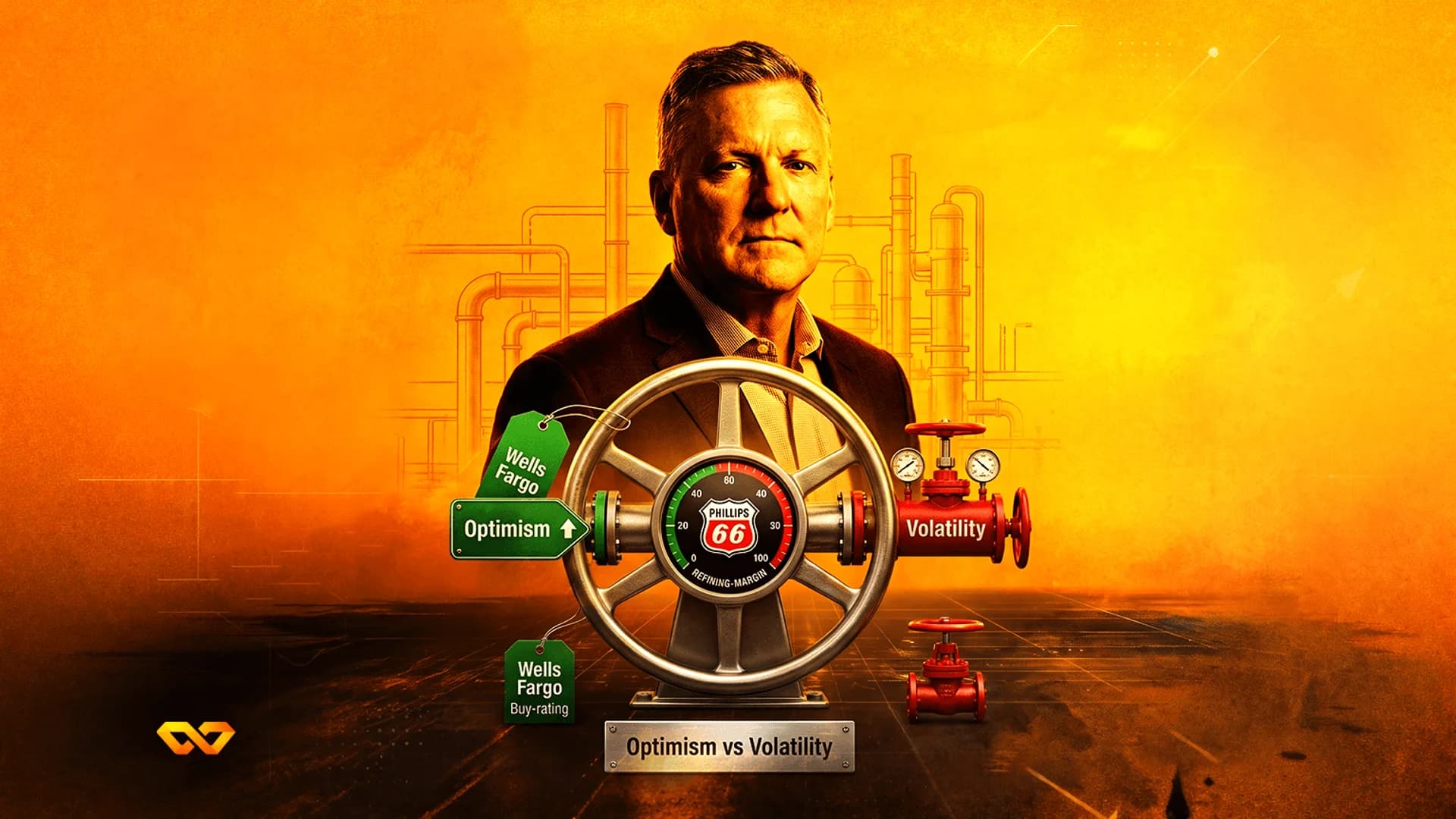 Portrait of a man behind a valve wheel with Phillips 66 logo and Wells Fargo tags on an orange industrial background.