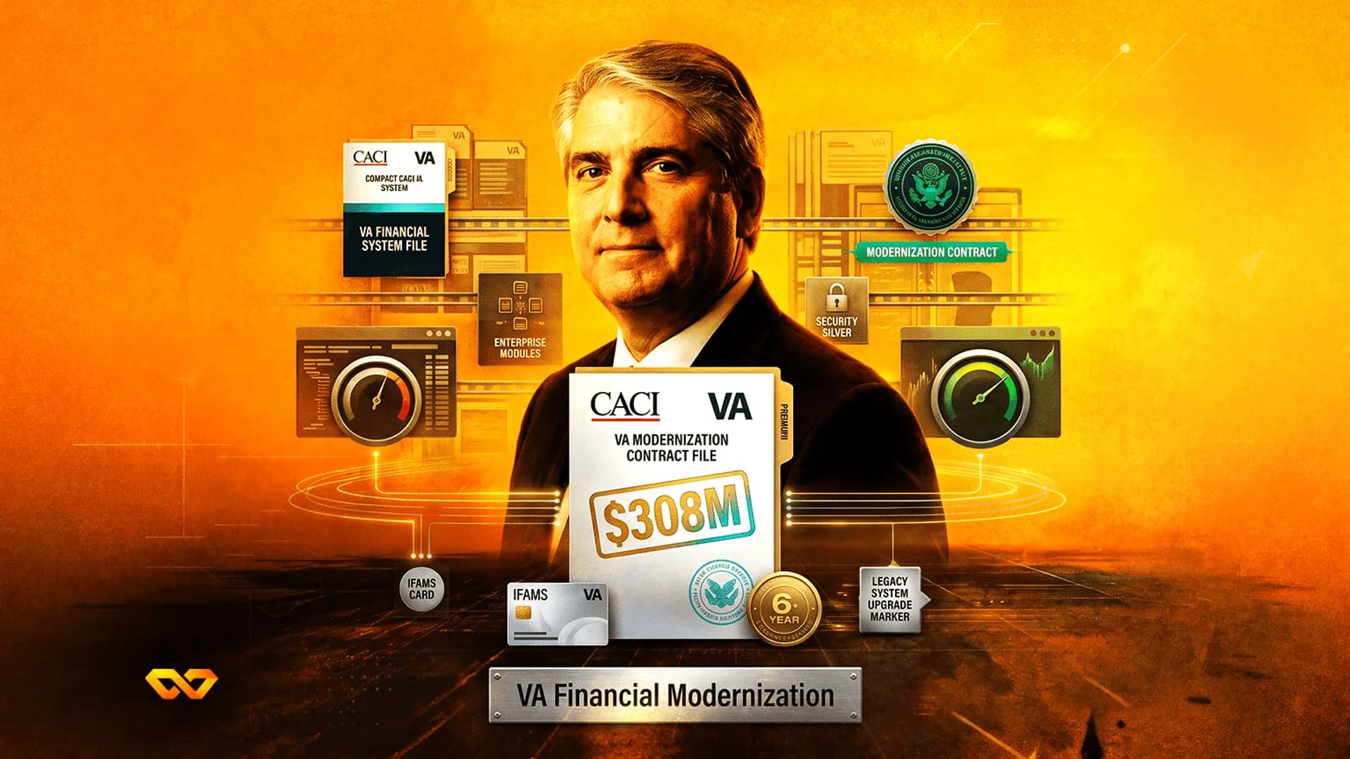 Portrait of a man in a suit surrounded by CACI and VA logos, digital icons, and a $308M contract file.