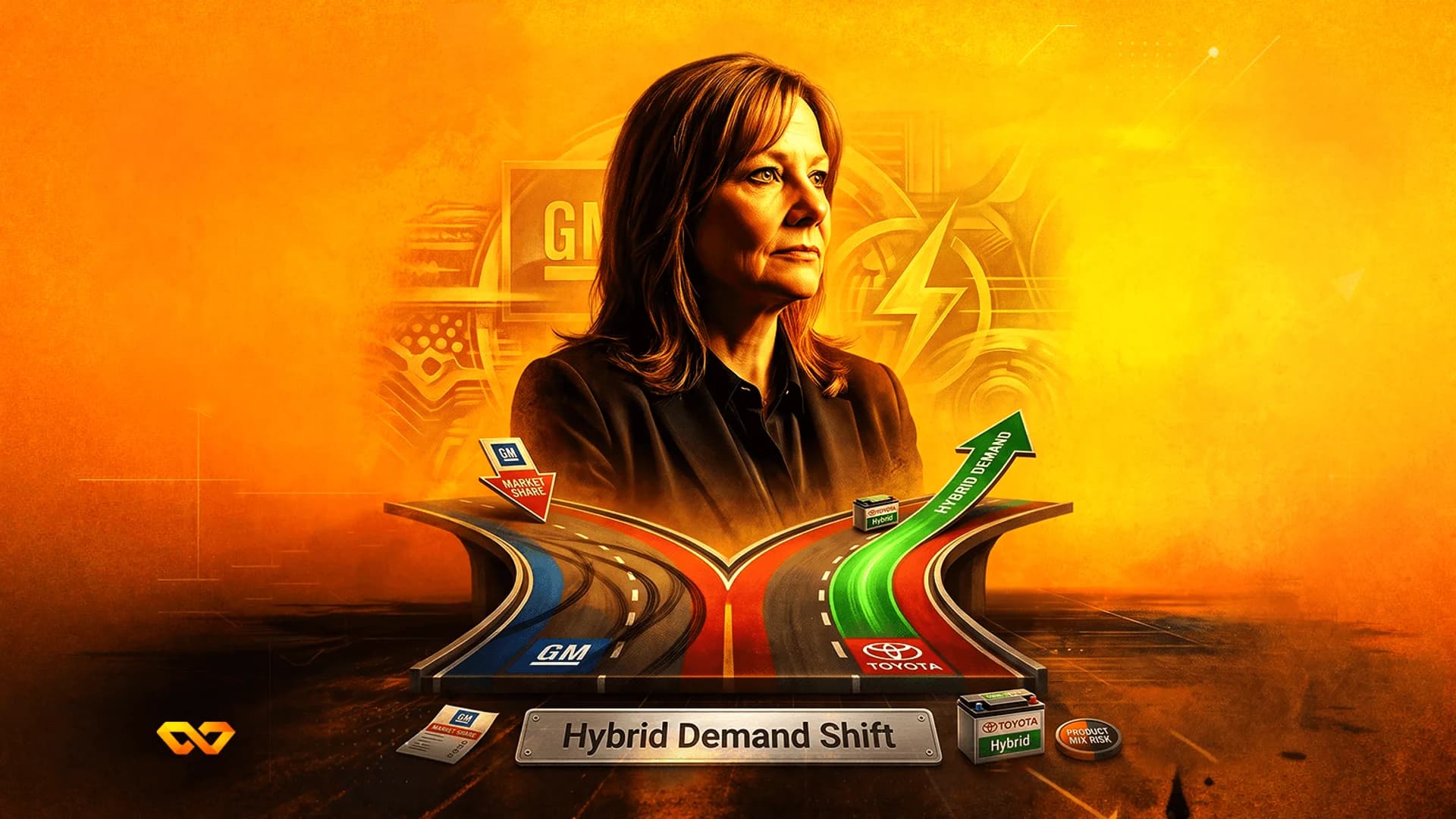Illustration of Mary Barra above a fork in the road with GM and Toyota logos and a hybrid demand sign.