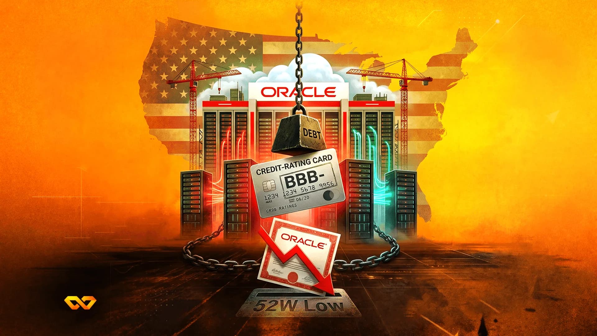 شعار أوراكل فوق بطاقة تصنيف ائتماني BBB-، وثقل ديون، وسهم أحمر هابط أمام خريطة علم الولايات المتحدة.