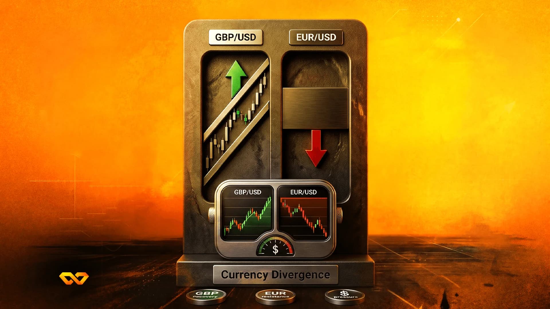 A metallic device labeled 'Currency Divergence' showing an upward GBP/USD chart and a downward EUR/USD chart.