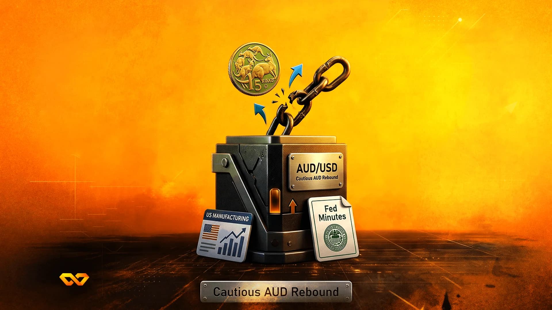 A metallic box labeled AUD/USD with a kangaroo coin breaking a chain, next to US manufacturing and Fed documents.