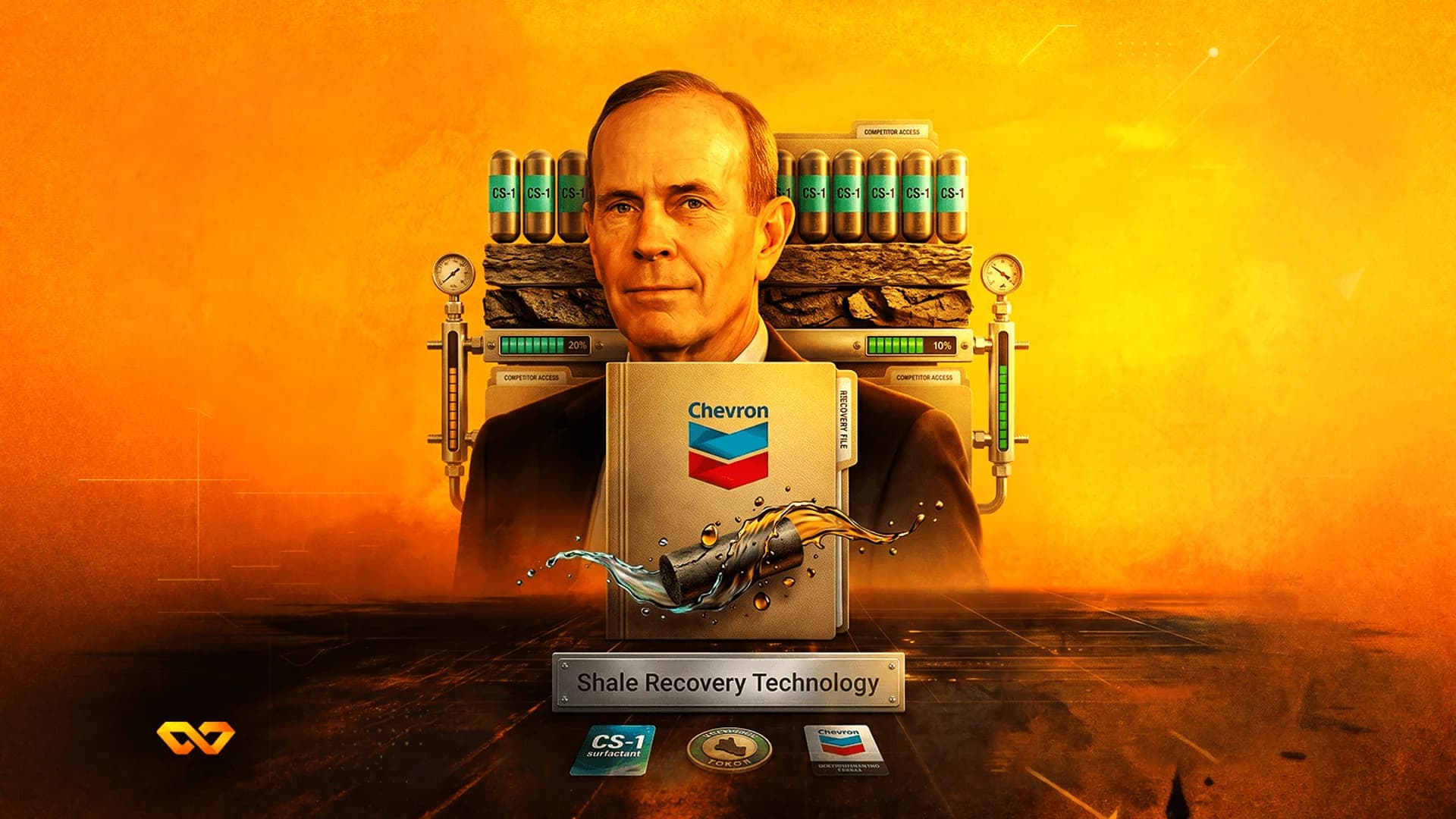 Portrait of a man behind a Chevron folder and industrial equipment labeled Shale Recovery Technology on orange background.