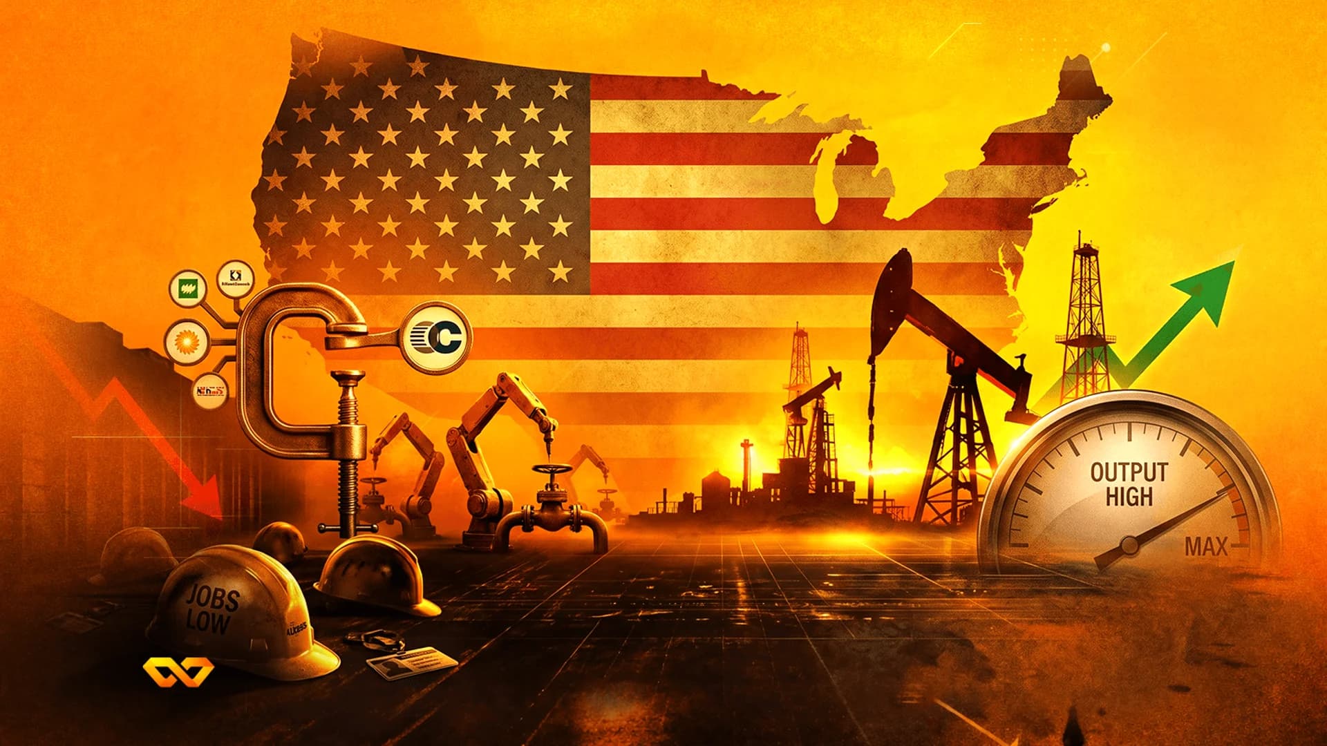 Illustration of US map with flag, oil derricks, a gauge at high output, and hard hats labeled jobs low.