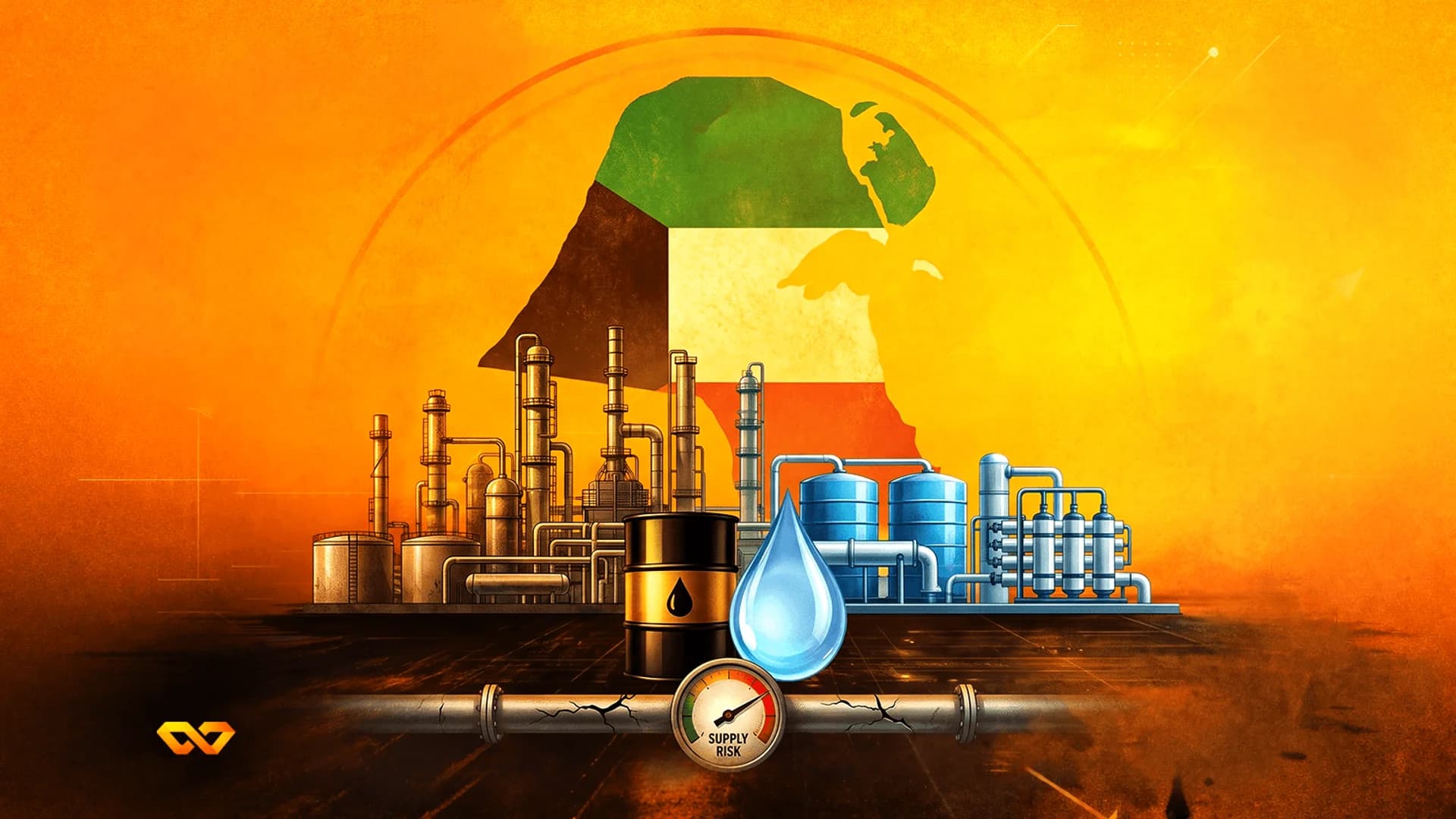 Illustration of Kuwait's map with flag colors, an oil refinery, a barrel, a water drop, and a supply risk gauge.