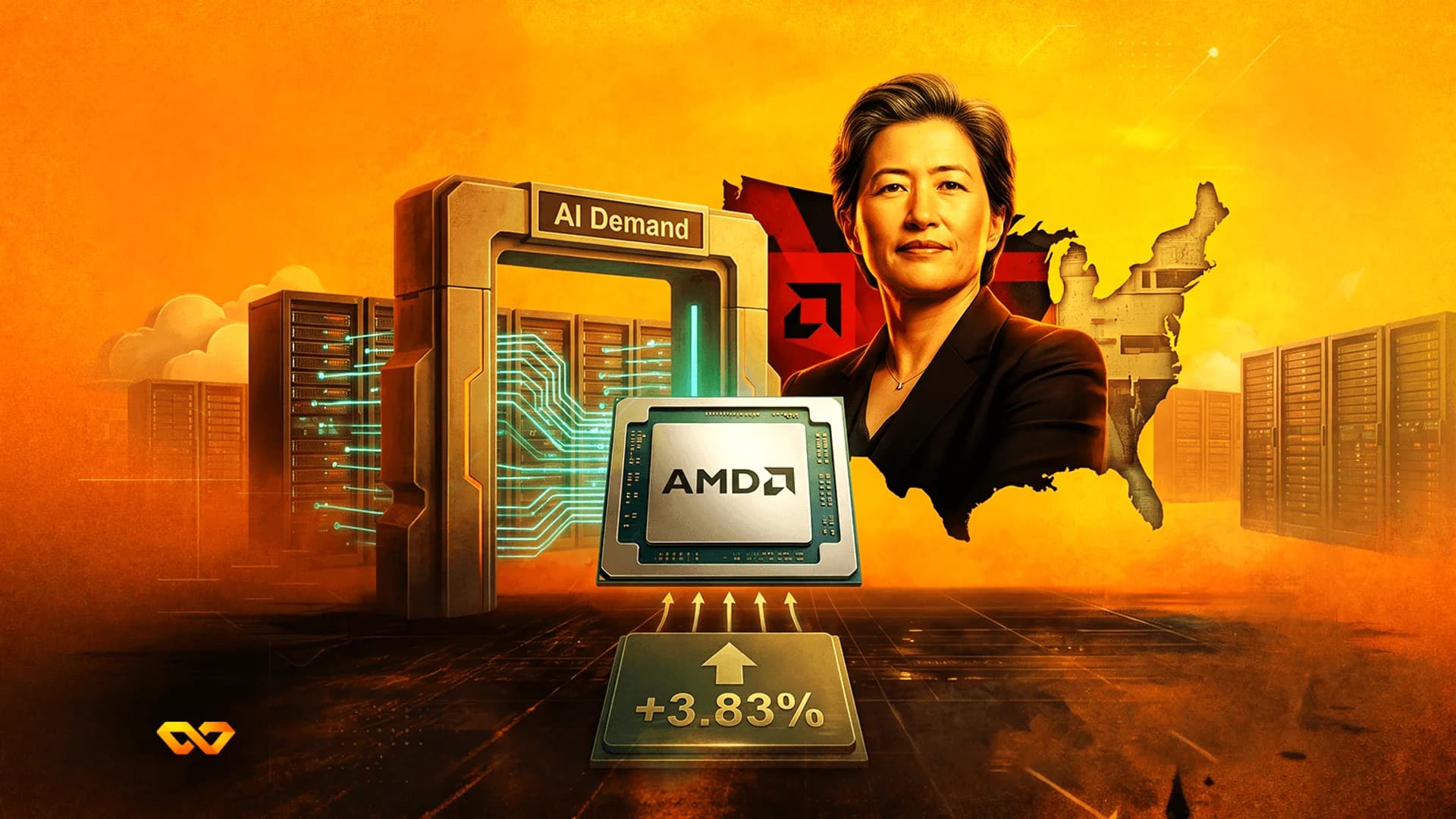 Portrait of Lisa Su with an AMD chip, server racks, and a +3.83% stock increase graphic on an orange background.