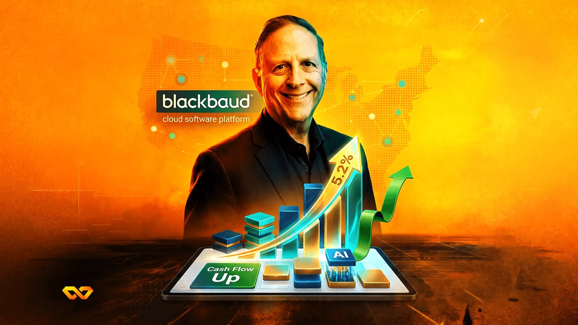 Portrait of a man over a digital tablet showing rising bar charts, a 5.2% arrow, and the Blackbaud logo.