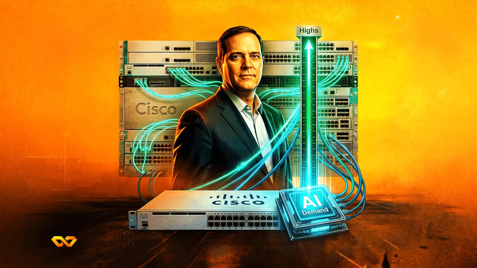 Portrait of a man in a suit before Cisco networking hardware with a glowing AI chip and rising demand chart.