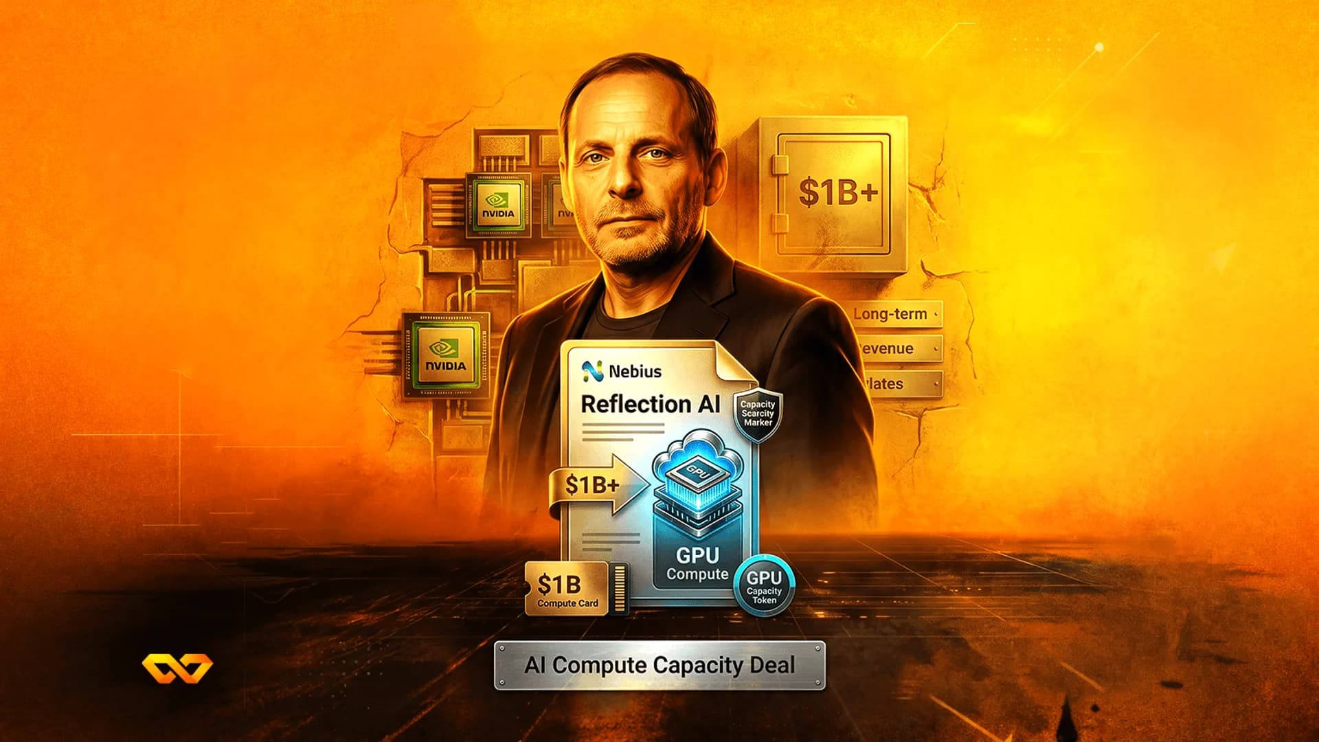 Portrait of a man in front of NVIDIA chips and a Nebius AI compute capacity document on an orange background.