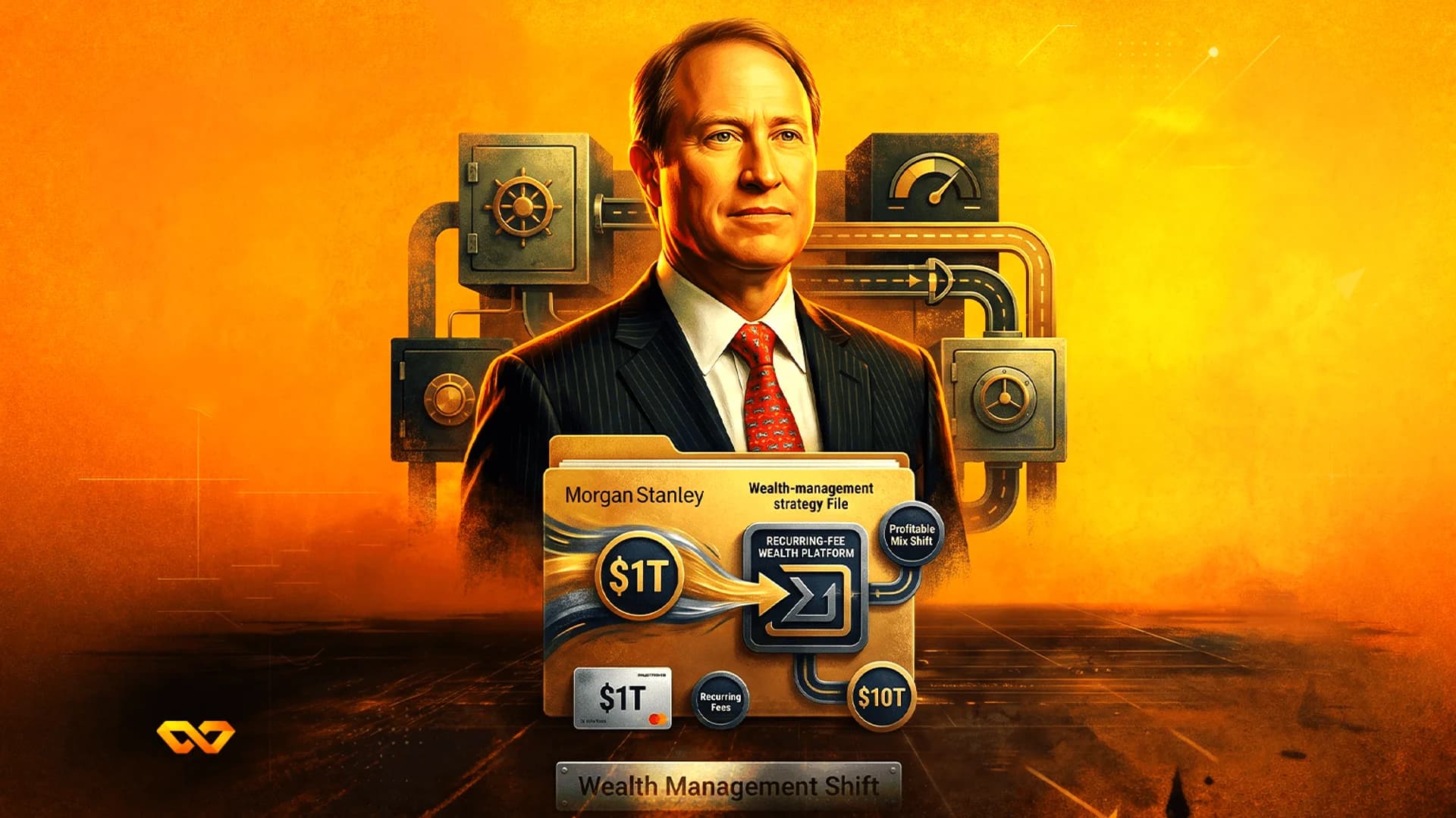 Portrait of a man in a suit behind a Morgan Stanley folder with financial graphics and safe boxes.