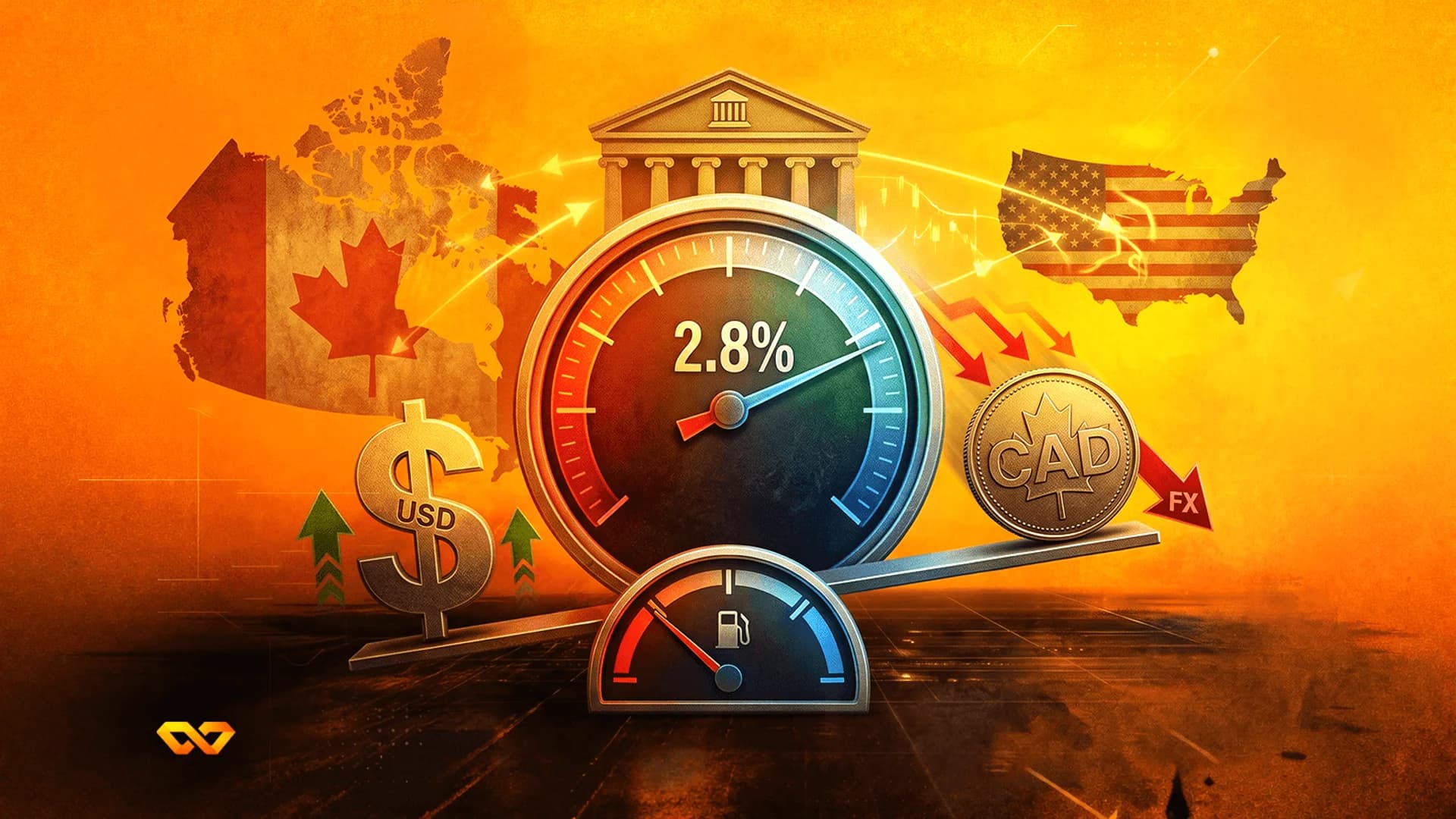 عدادات، وخرائط لكندا والولايات المتحدة، ورمز الدولار الأمريكي، وعملة الدولار الكندي على ميزان بخلفية برتقالية.