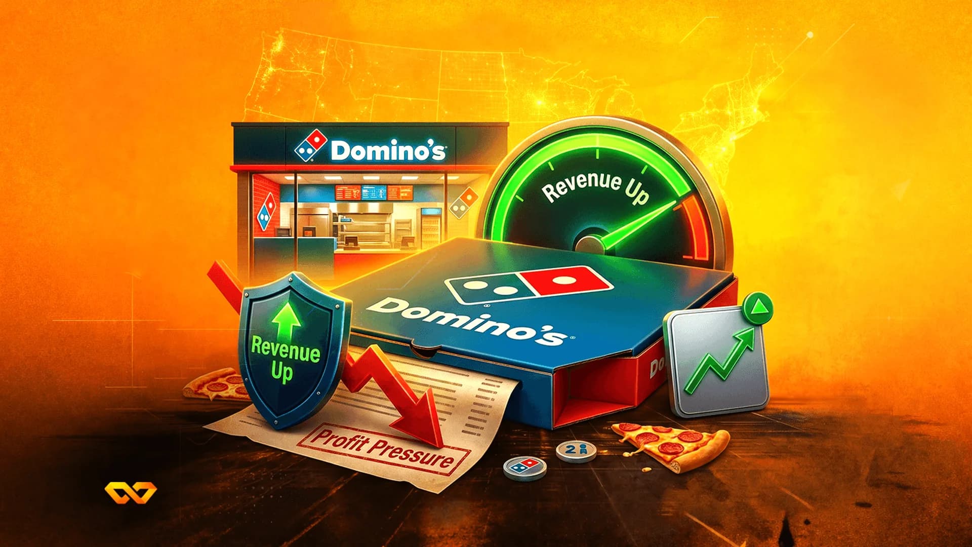 Domino's storefront and pizza box with a gauge showing revenue up and a red arrow indicating profit pressure.