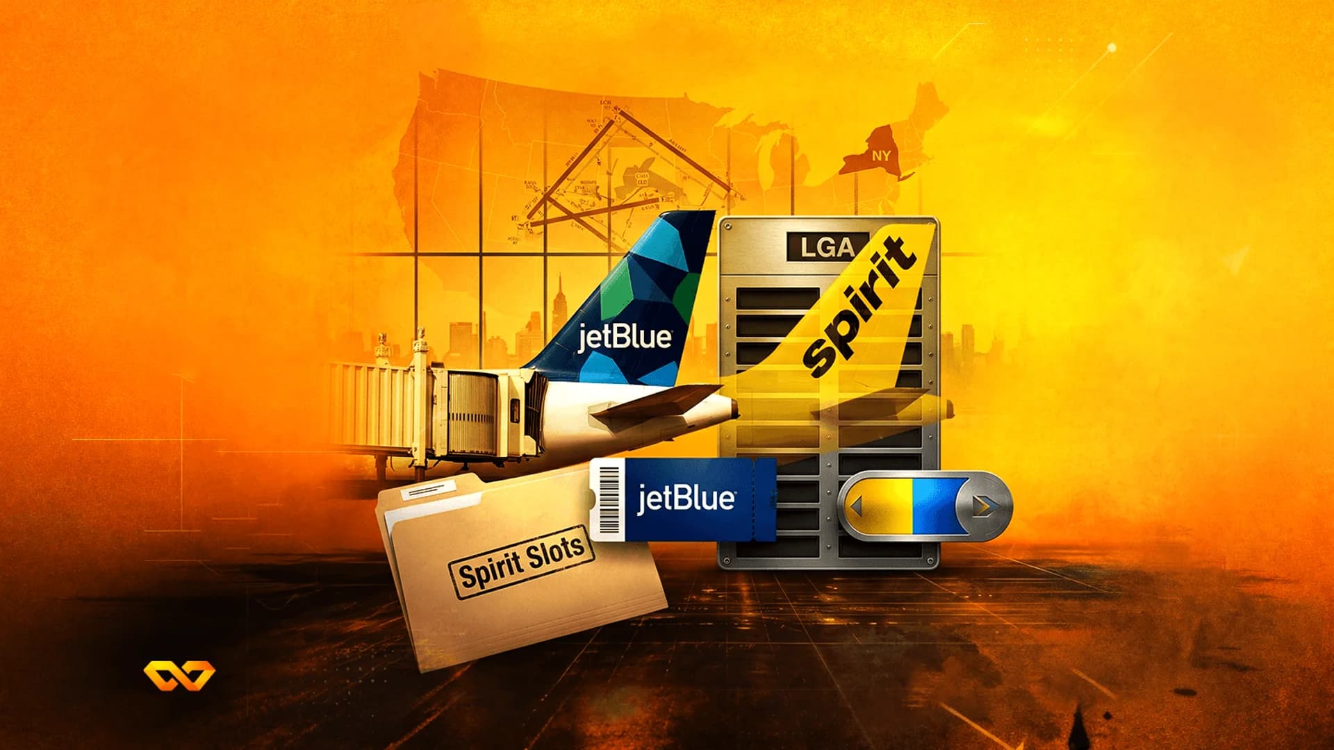 Digital collage of JetBlue and Spirit airline tails, a boarding pass, and a folder labeled Spirit Slots.