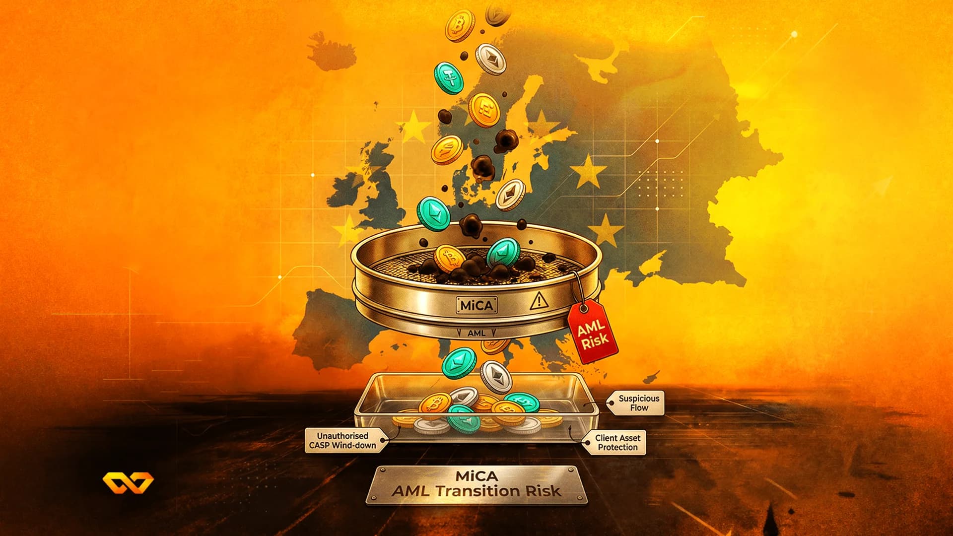 Crypto coins fall through a MiCA-labeled sieve into a tray over a map of Europe on an orange background.