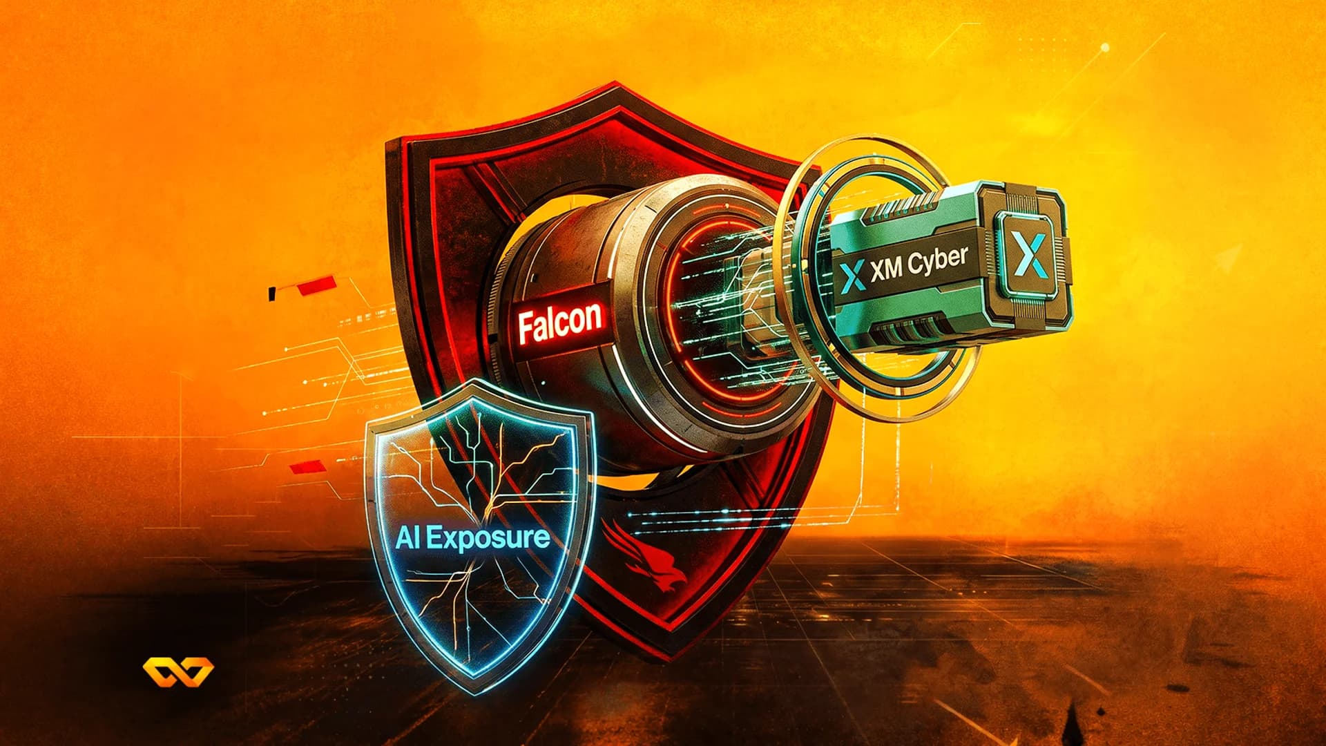 درع أحمر يحتوي على جهاز أسطواني يحمل علامة Falcon، مع وحدة XM Cyber ودرع AI Exposure في المقدمة.